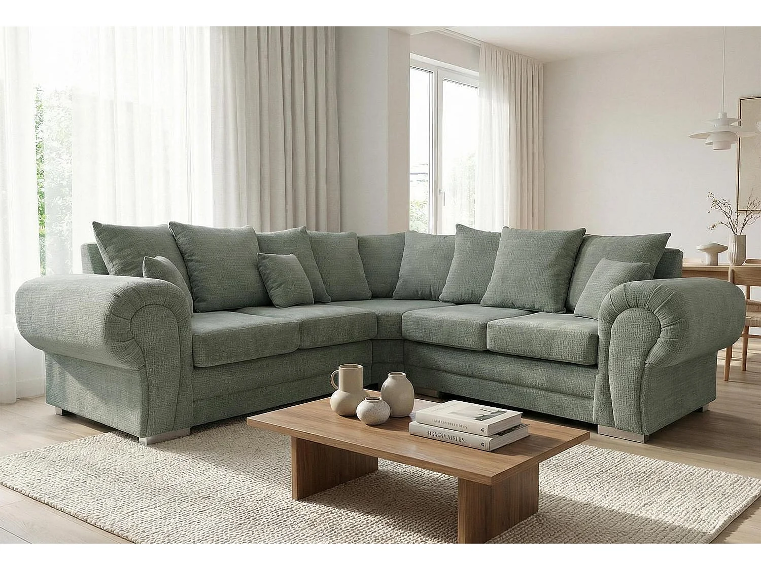 Verona Chenille Corner Sofa with Deep Seats and Angular Arms in Sage Green