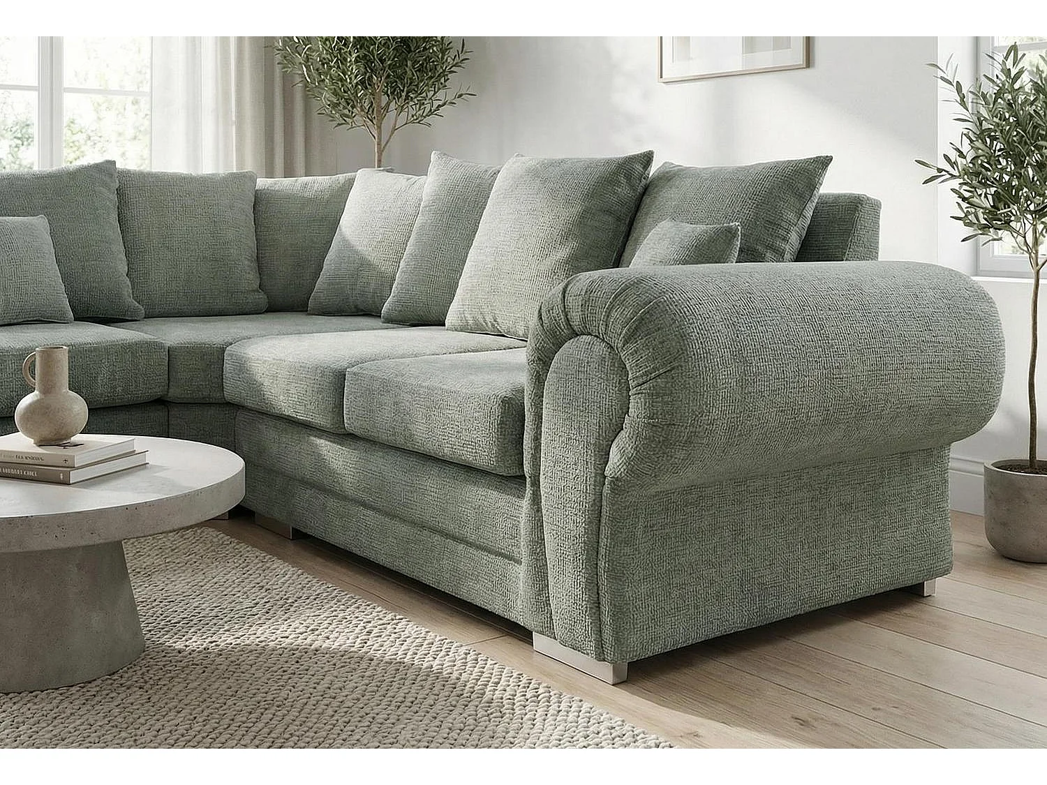 Verona Chenille Corner Sofa with Deep Seats and Angular Arms in Sage Green