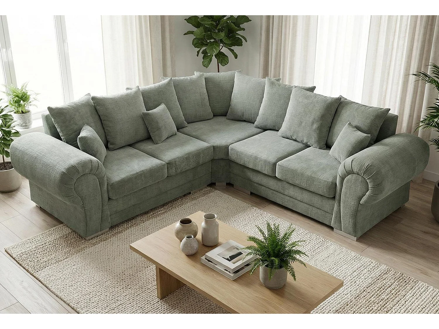 Verona Chenille Corner Sofa with Deep Seats and Angular Arms in Sage Green