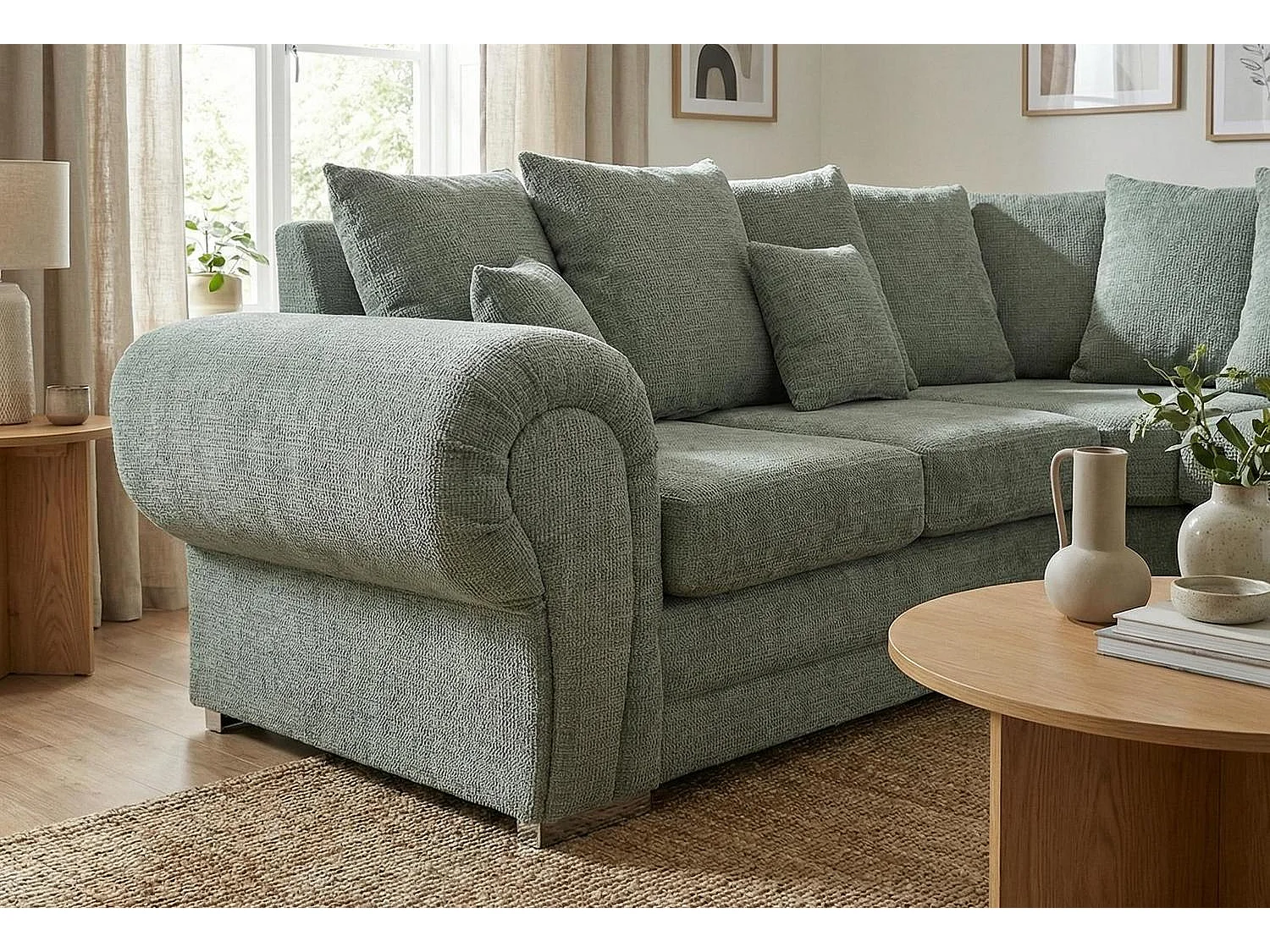 Verona Chenille Corner Sofa with Deep Seats and Angular Arms in Sage Green