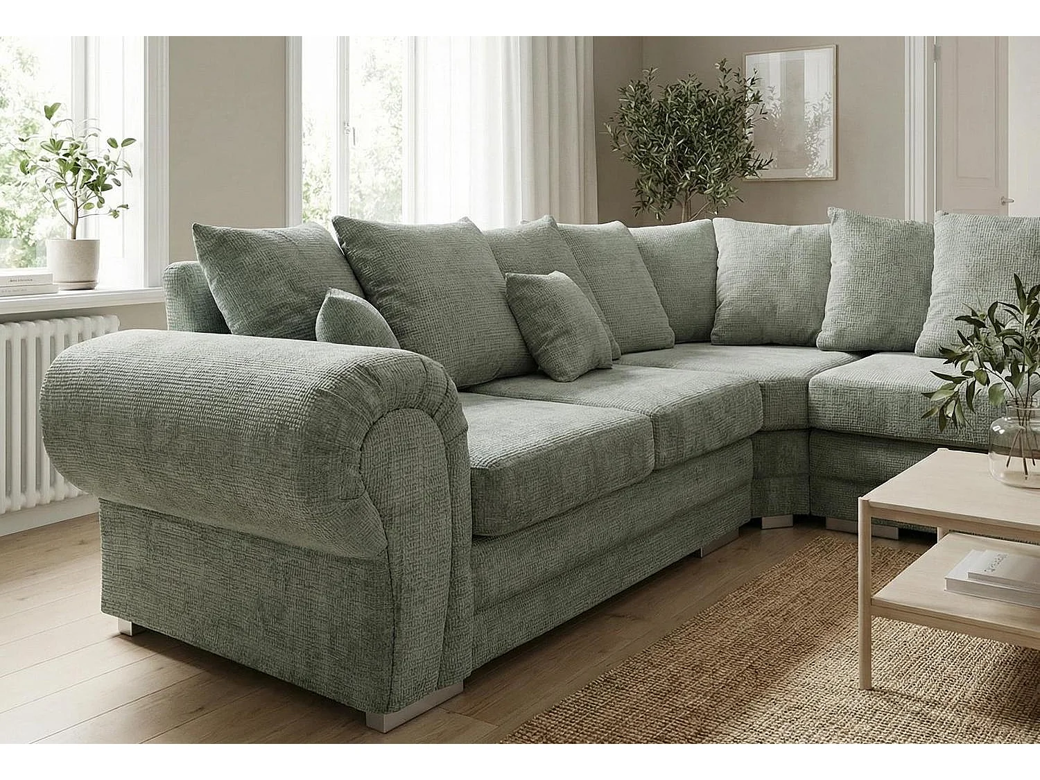 Verona Chenille Corner Sofa with Deep Seats and Angular Arms in Sage Green