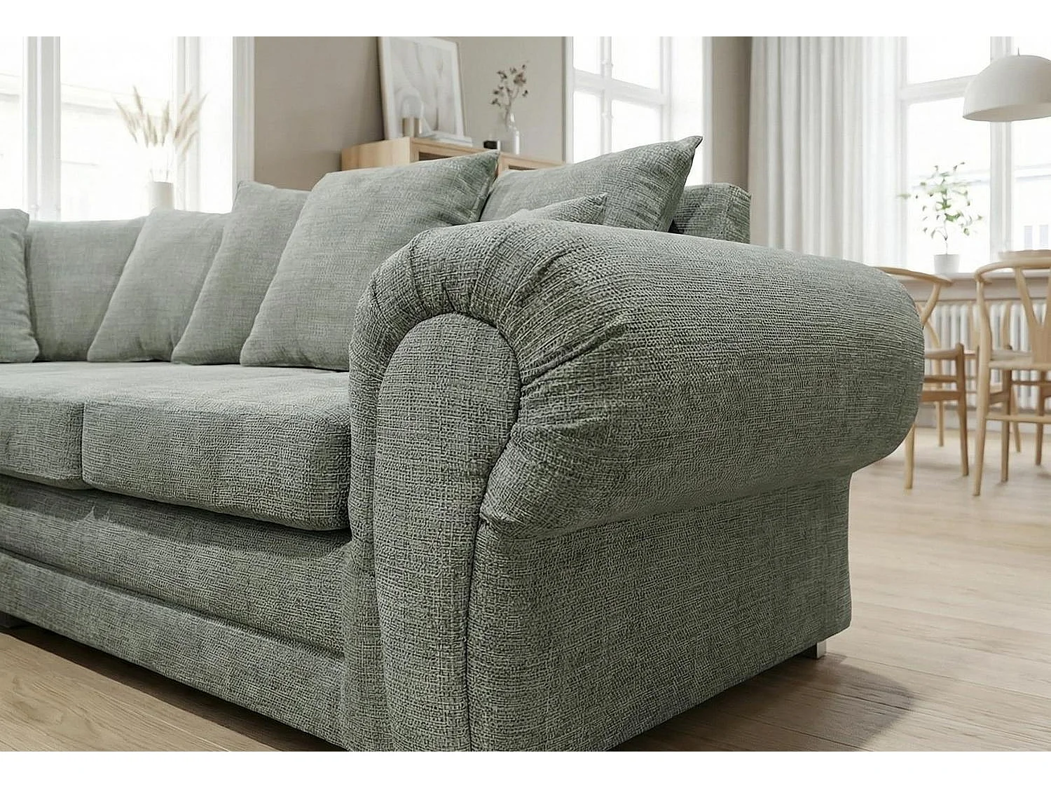 Verona Chenille Corner Sofa with Deep Seats and Angular Arms in Sage Green