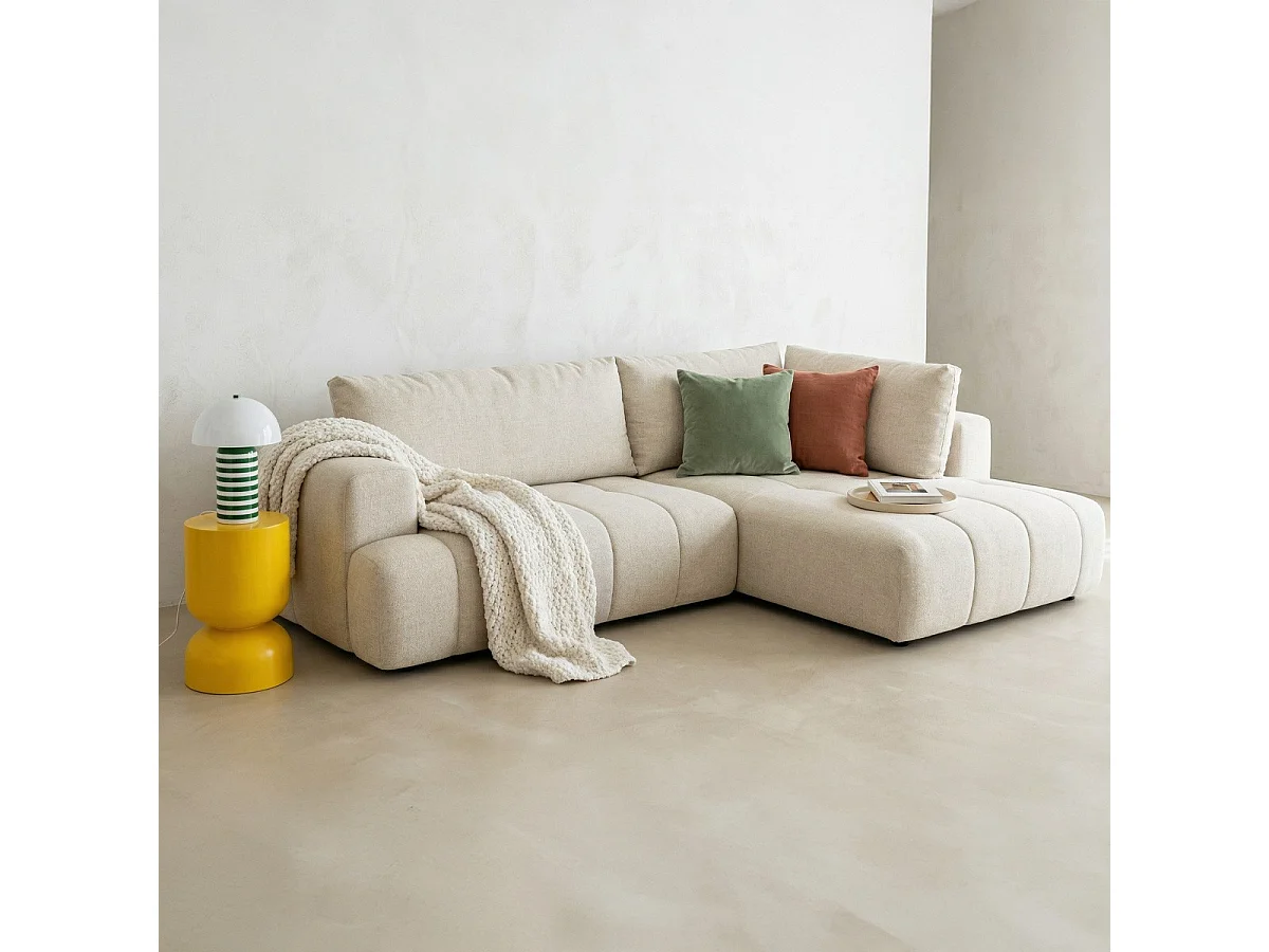 Canapé d'angle à droite convertible 4 places en tissu chenille beige - ouverture rapide - Brera