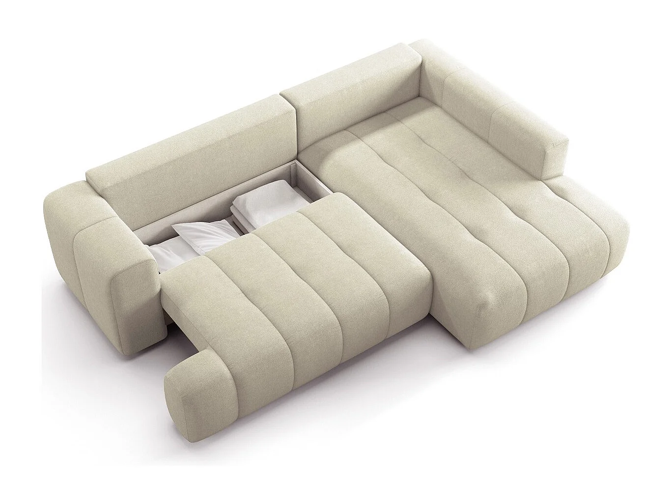 Canapé d'angle à droite convertible 4 places en tissu chenille beige - ouverture rapide - Brera