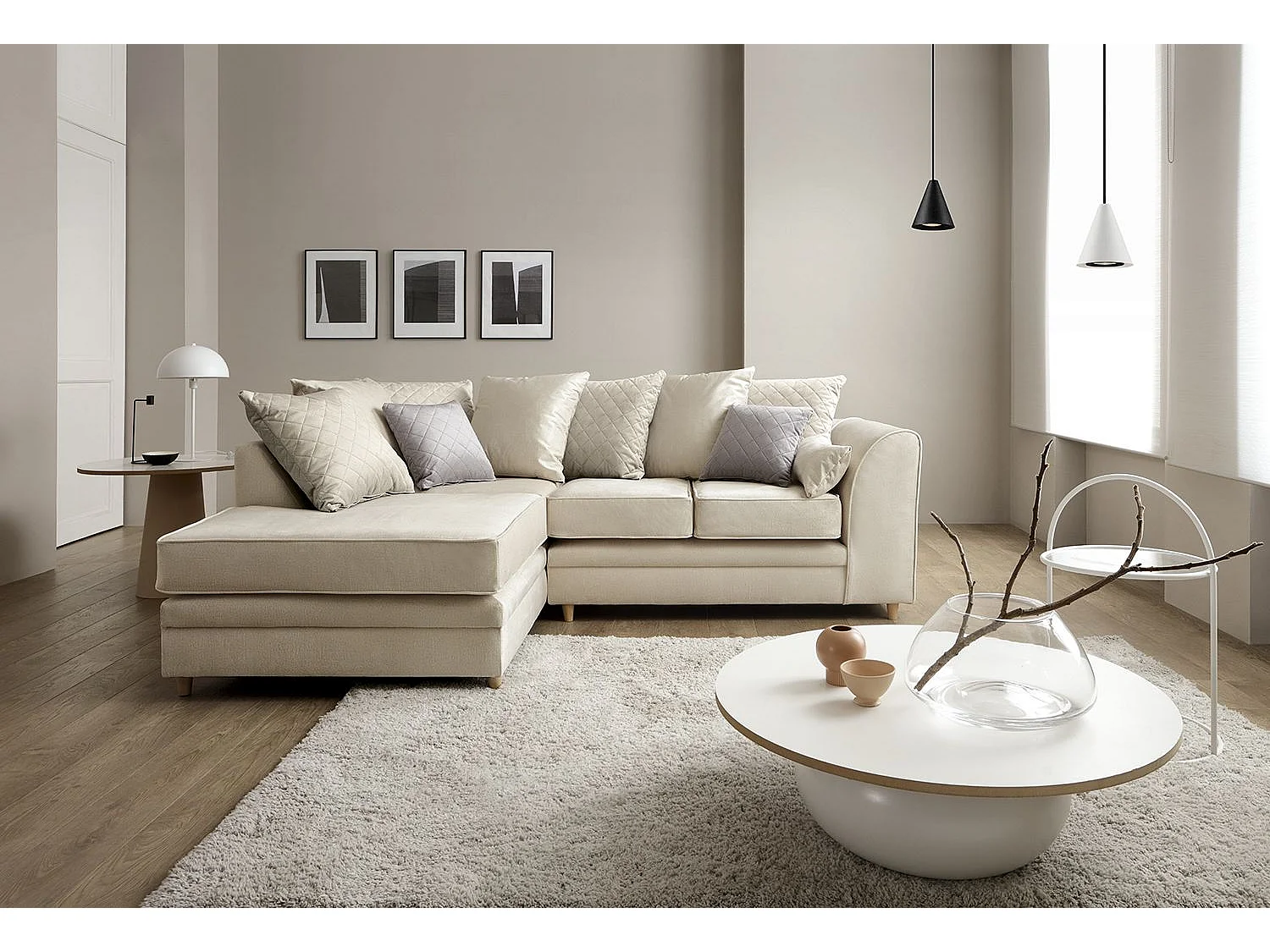 Chicago Velvet Left Facing Corner Sofa in Cream