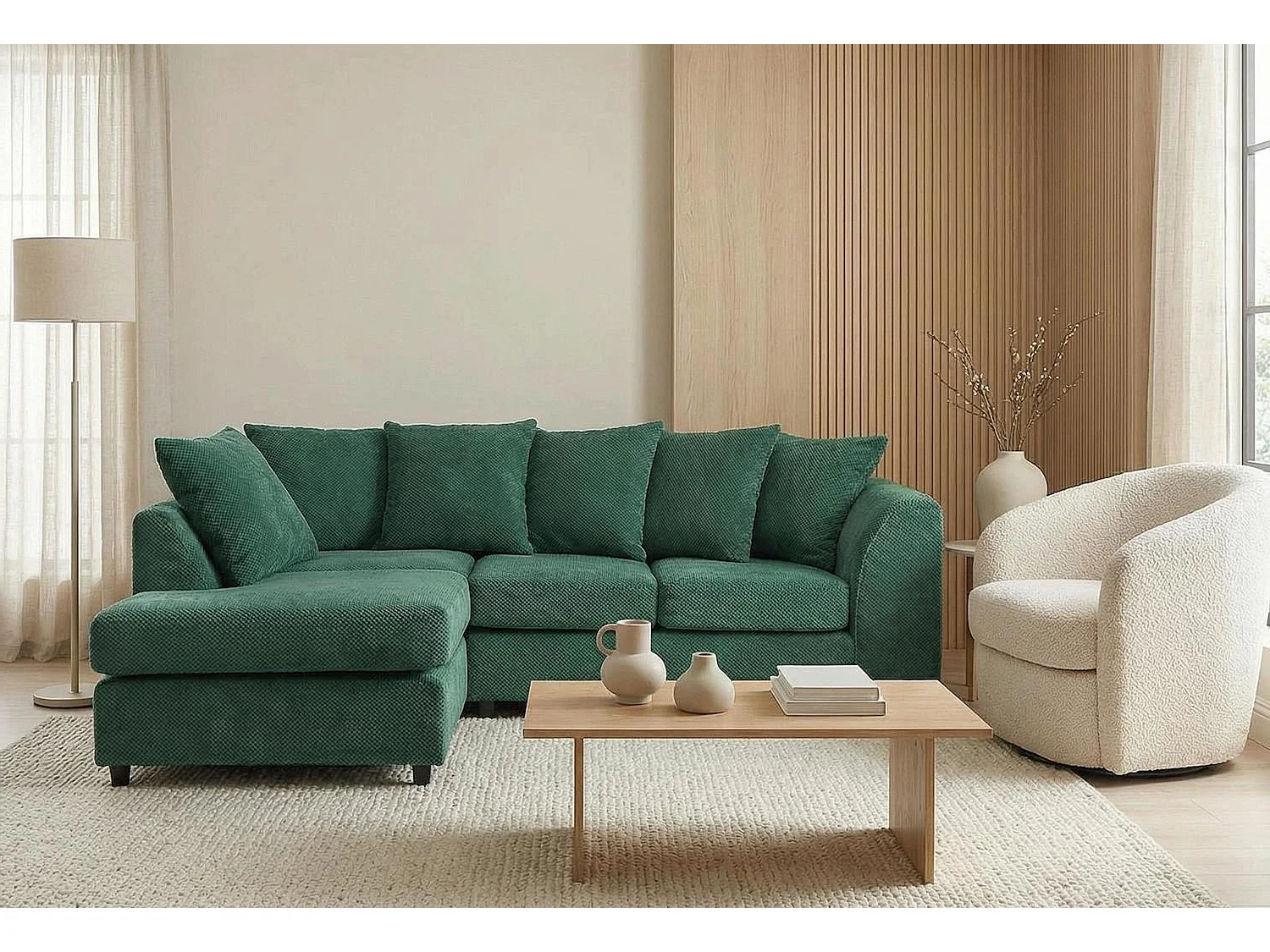 Jumbo Grid-Textured Fabric Corner Sofa with Scatter Cushions Left Facing Forest Green