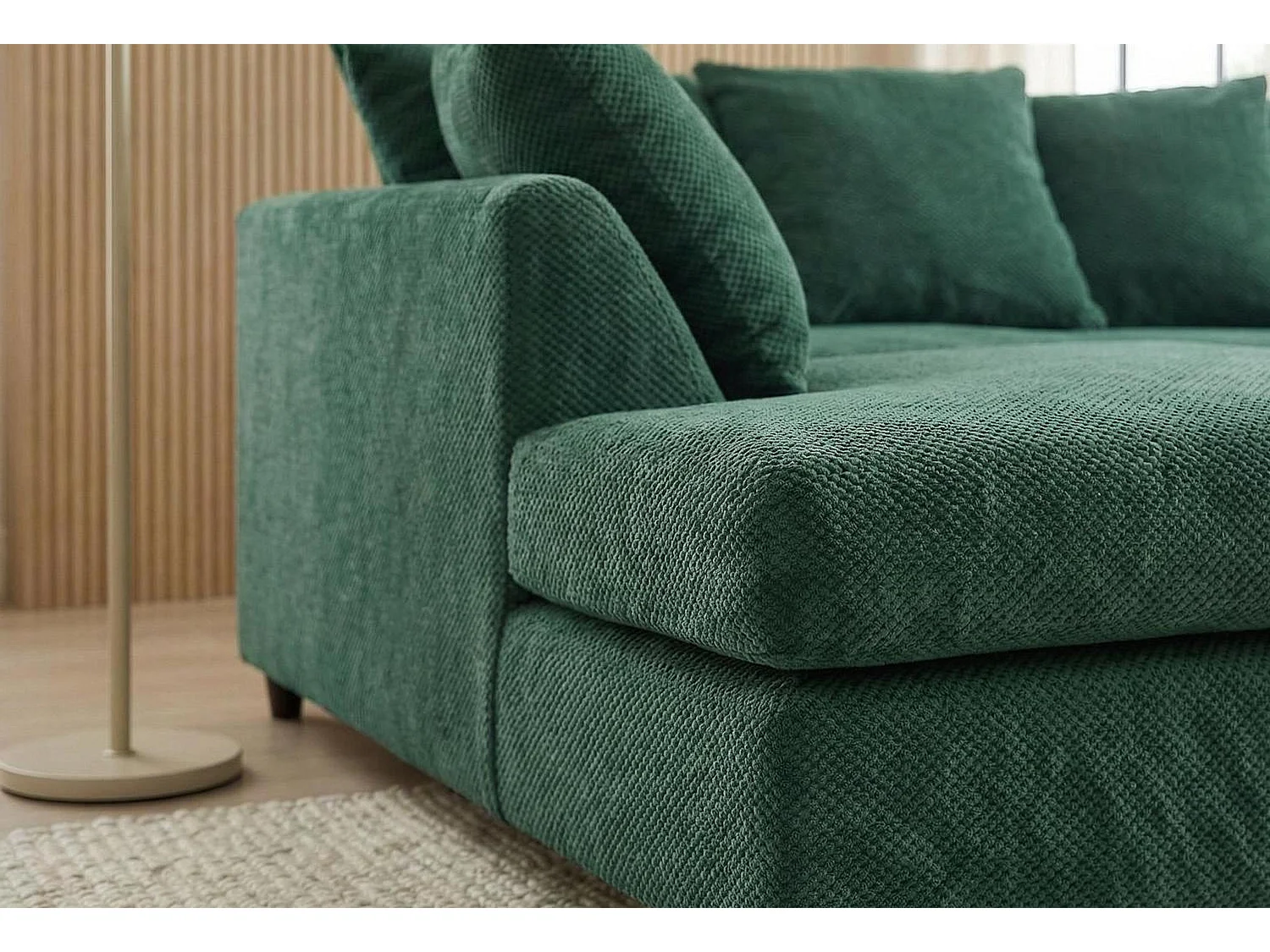 Jumbo Grid-Textured Fabric Corner Sofa with Scatter Cushions Left Facing Forest Green