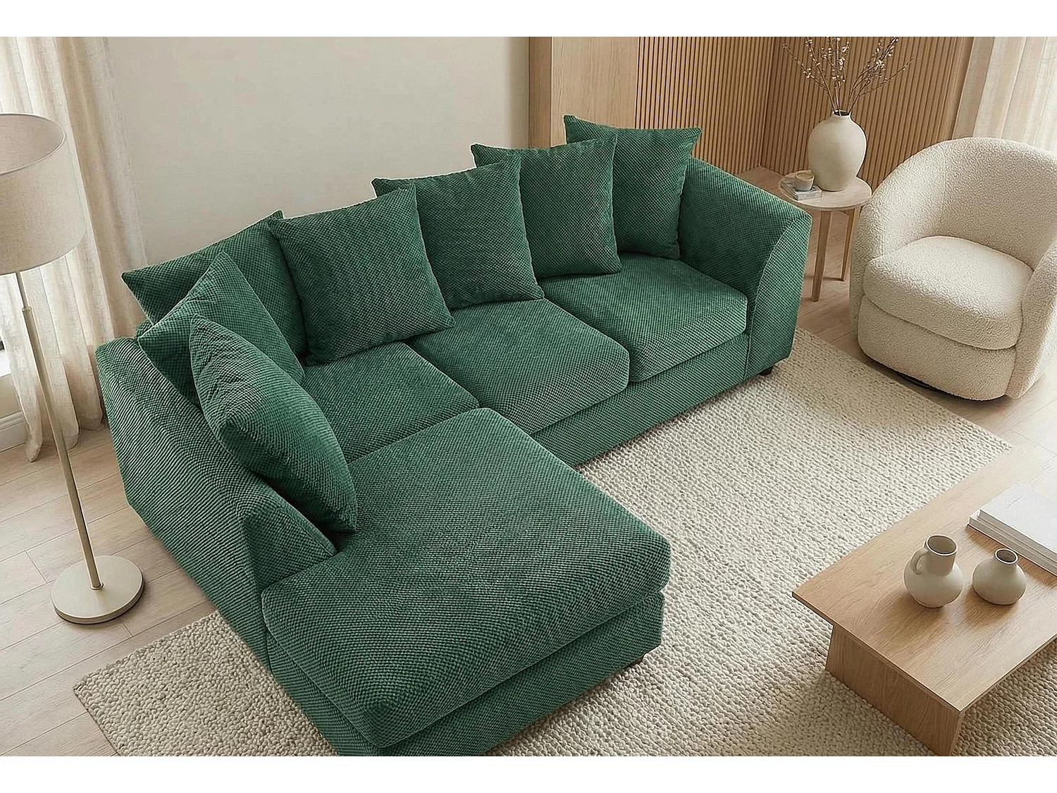 Jumbo Grid-Textured Fabric Corner Sofa with Scatter Cushions Left Facing Forest Green