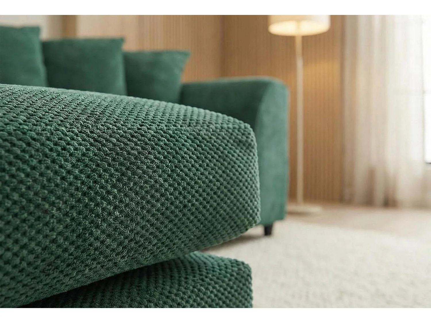 Jumbo Grid-Textured Fabric Corner Sofa with Scatter Cushions Left Facing Forest Green