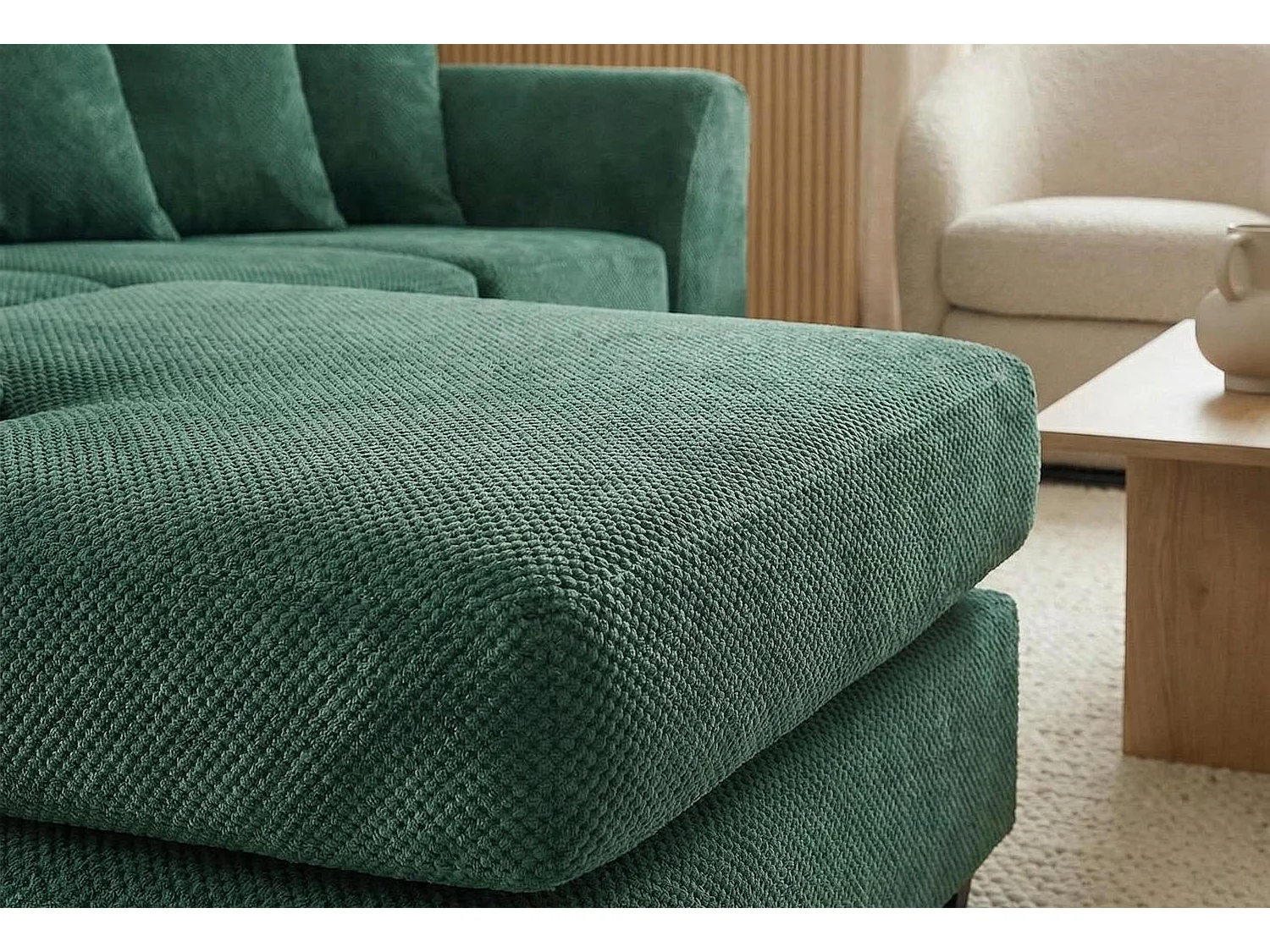 Jumbo Grid-Textured Fabric Corner Sofa with Scatter Cushions Left Facing Forest Green