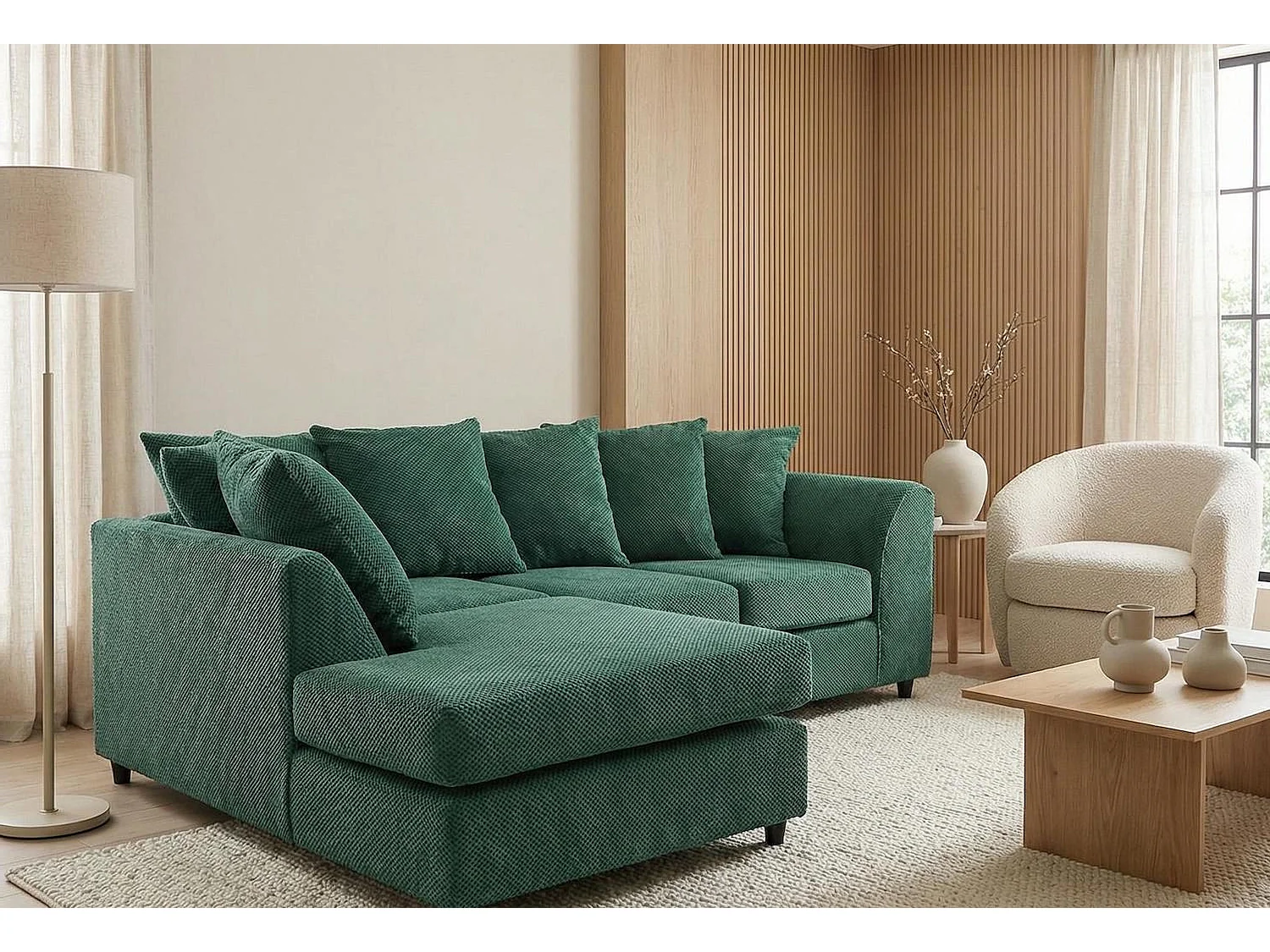 Jumbo Grid-Textured Fabric Corner Sofa with Scatter Cushions Left Facing Forest Green