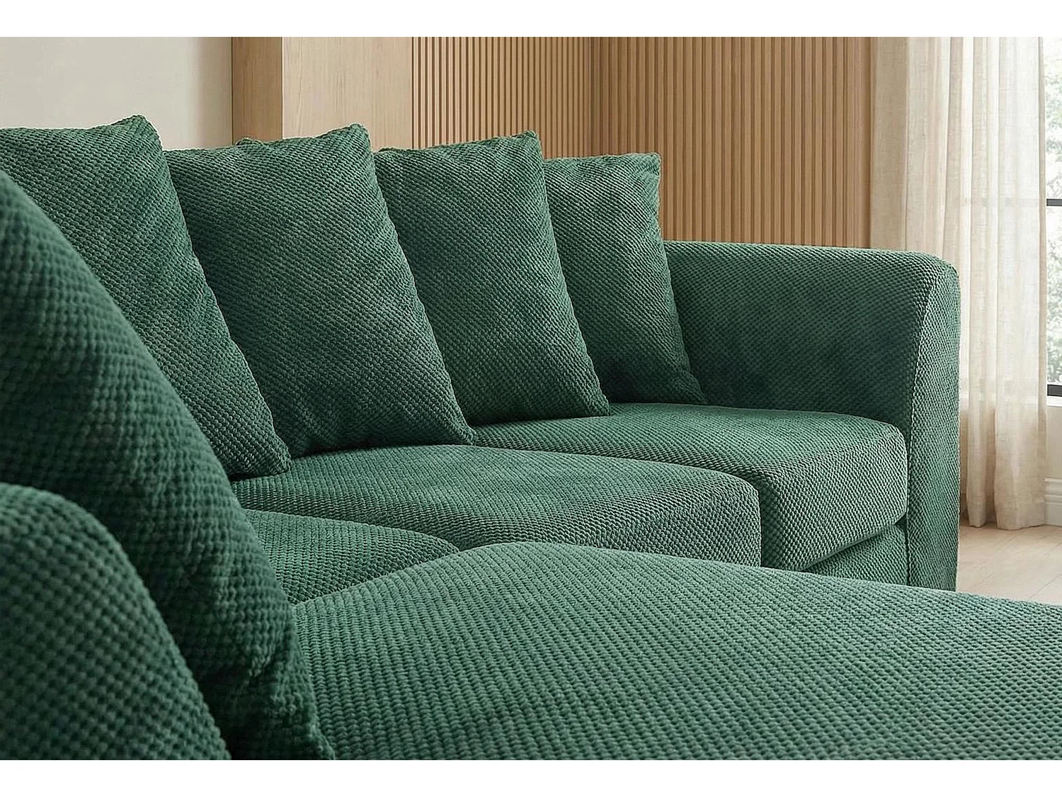 Jumbo Grid-Textured Fabric Corner Sofa with Scatter Cushions Left Facing Forest Green