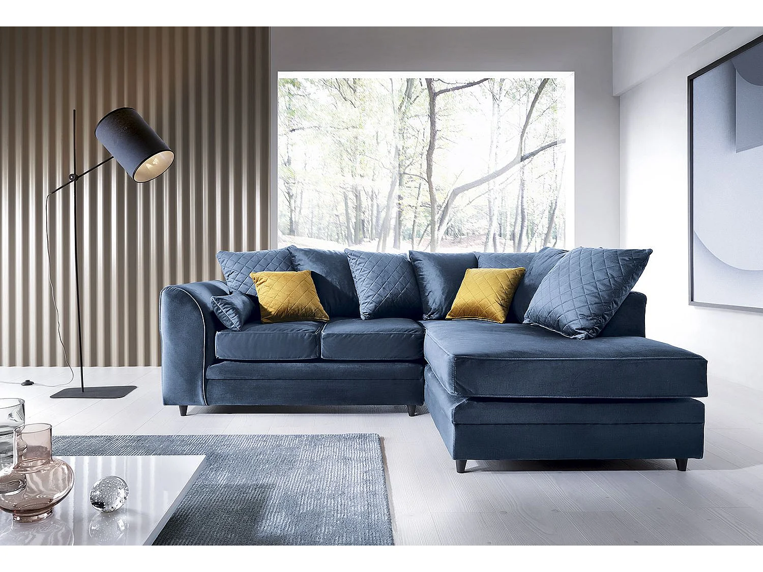 Chicago Velvet Right Facing Corner Sofa in Dark Blue