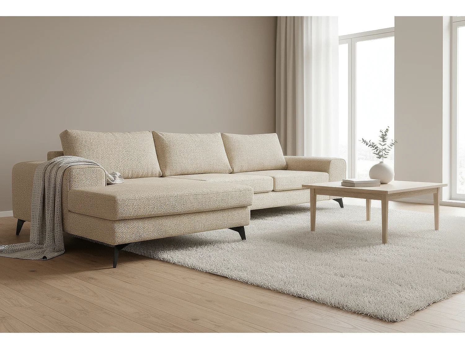 Venice Basket Weave Corner Sofa Left Facing in Cream