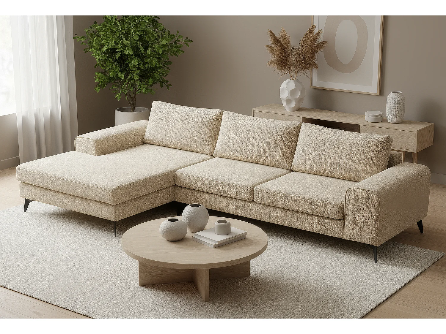 Venice Basket Weave Corner Sofa Left Facing in Cream