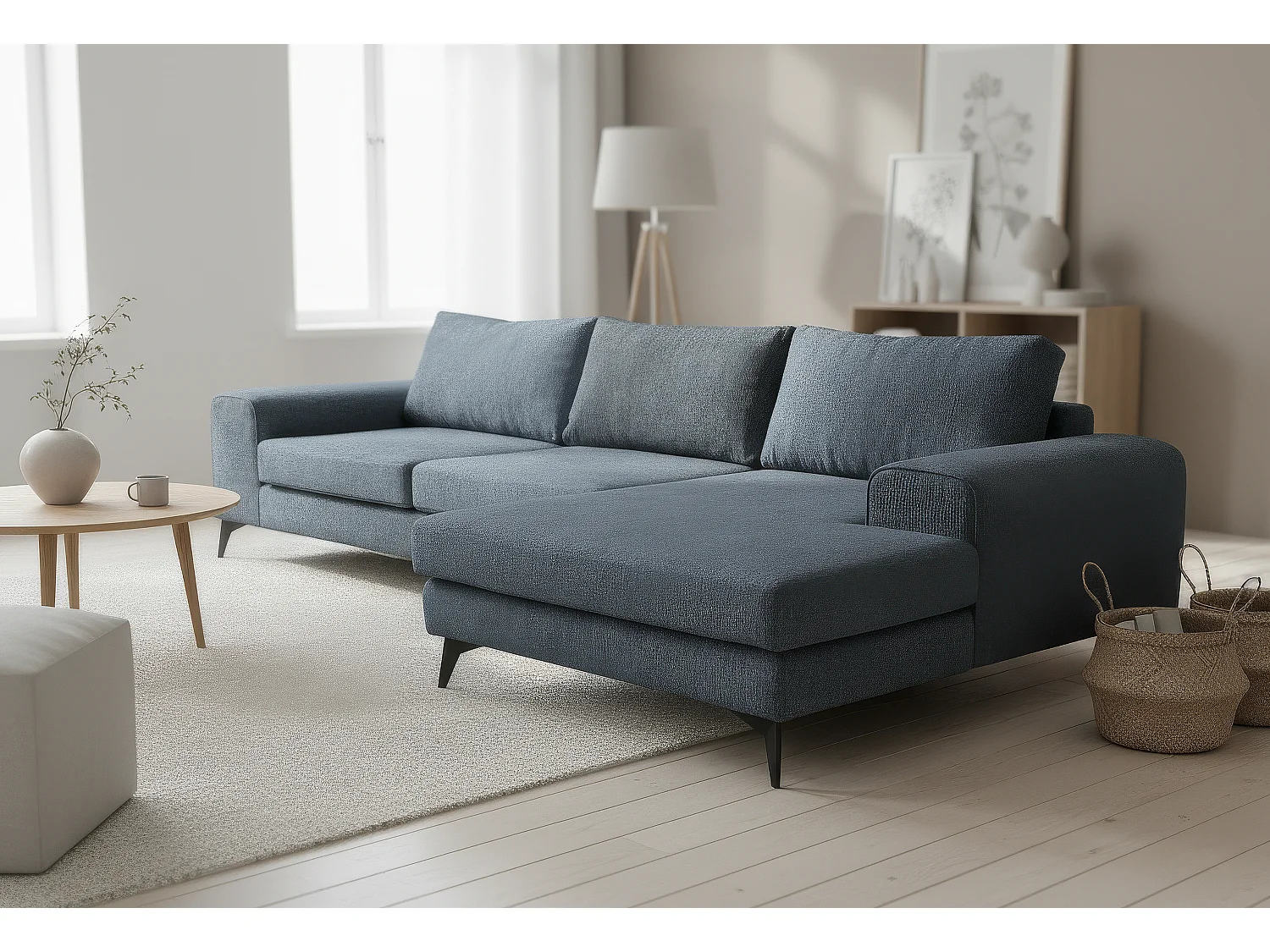 Venice Basket Weave Corner Sofa Right Facing in Light Blue
