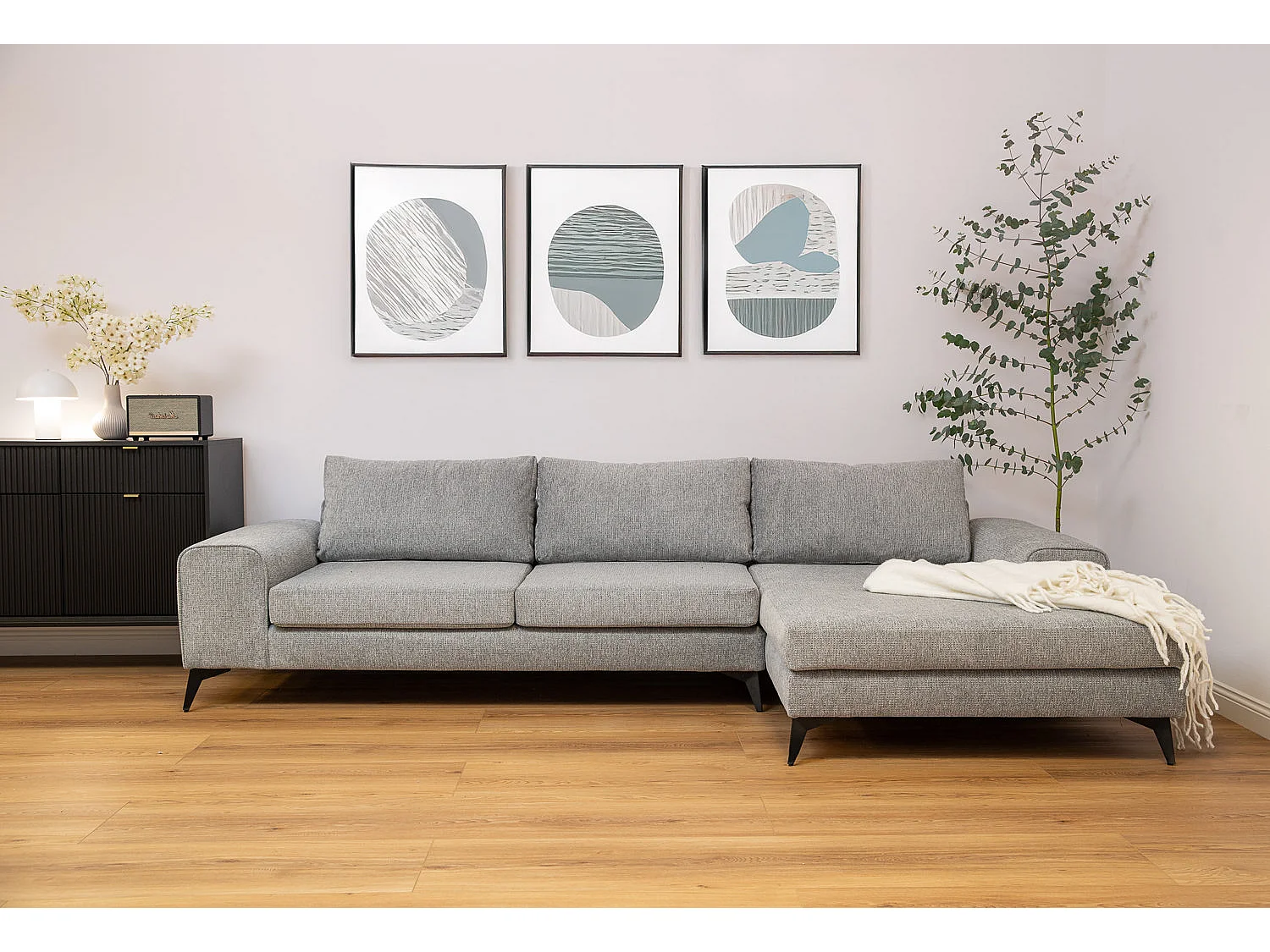 Venice Basket Weave Corner Sofa Right Facing in Light Grey
