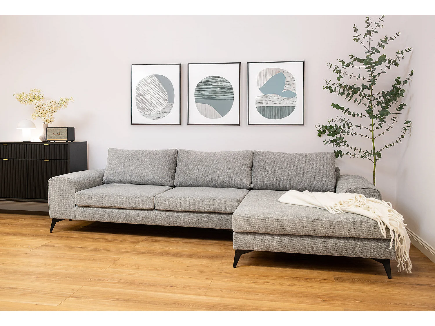 Venice Basket Weave Corner Sofa Right Facing in Light Grey
