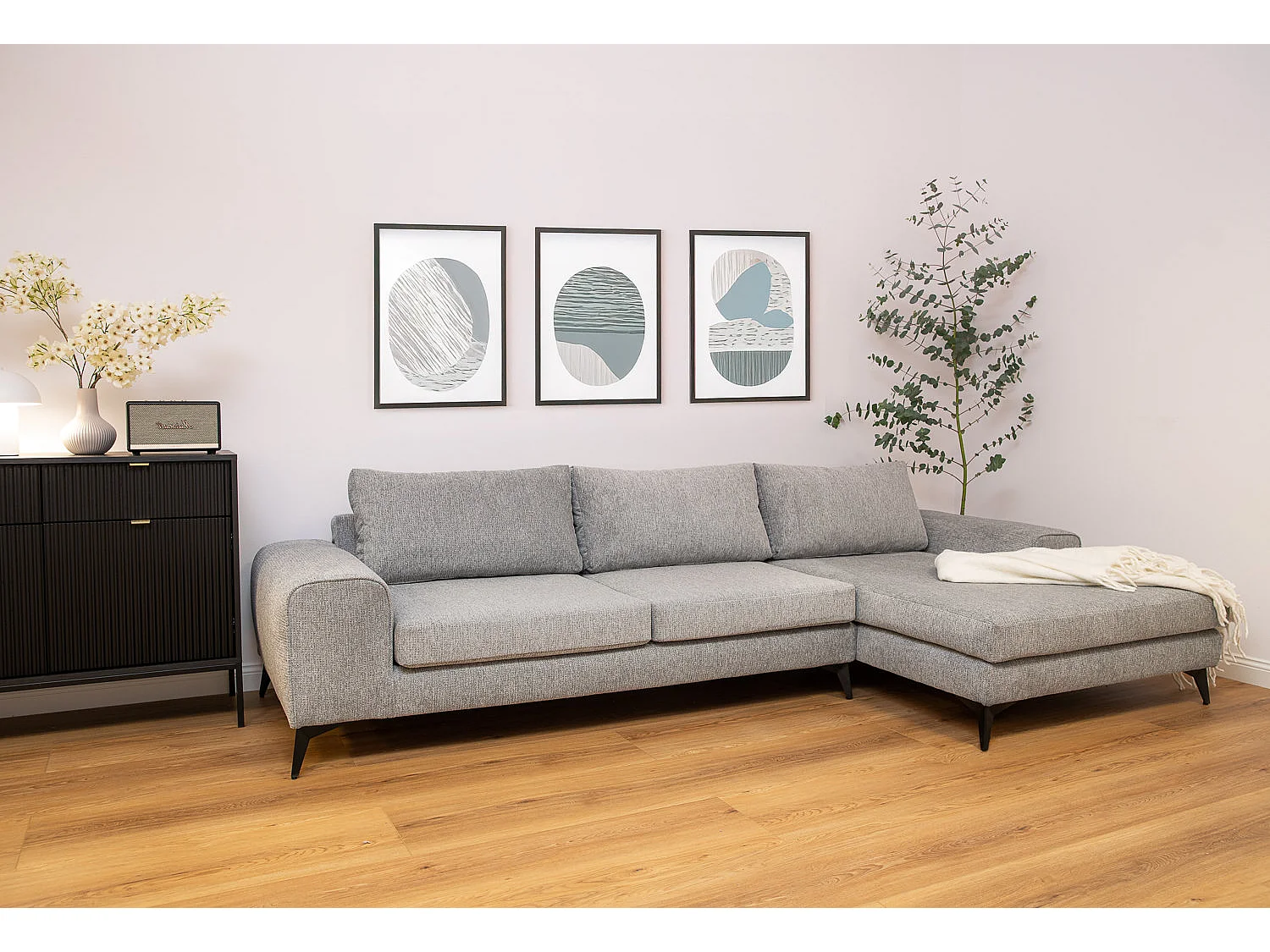 Venice Basket Weave Corner Sofa Right Facing in Light Grey