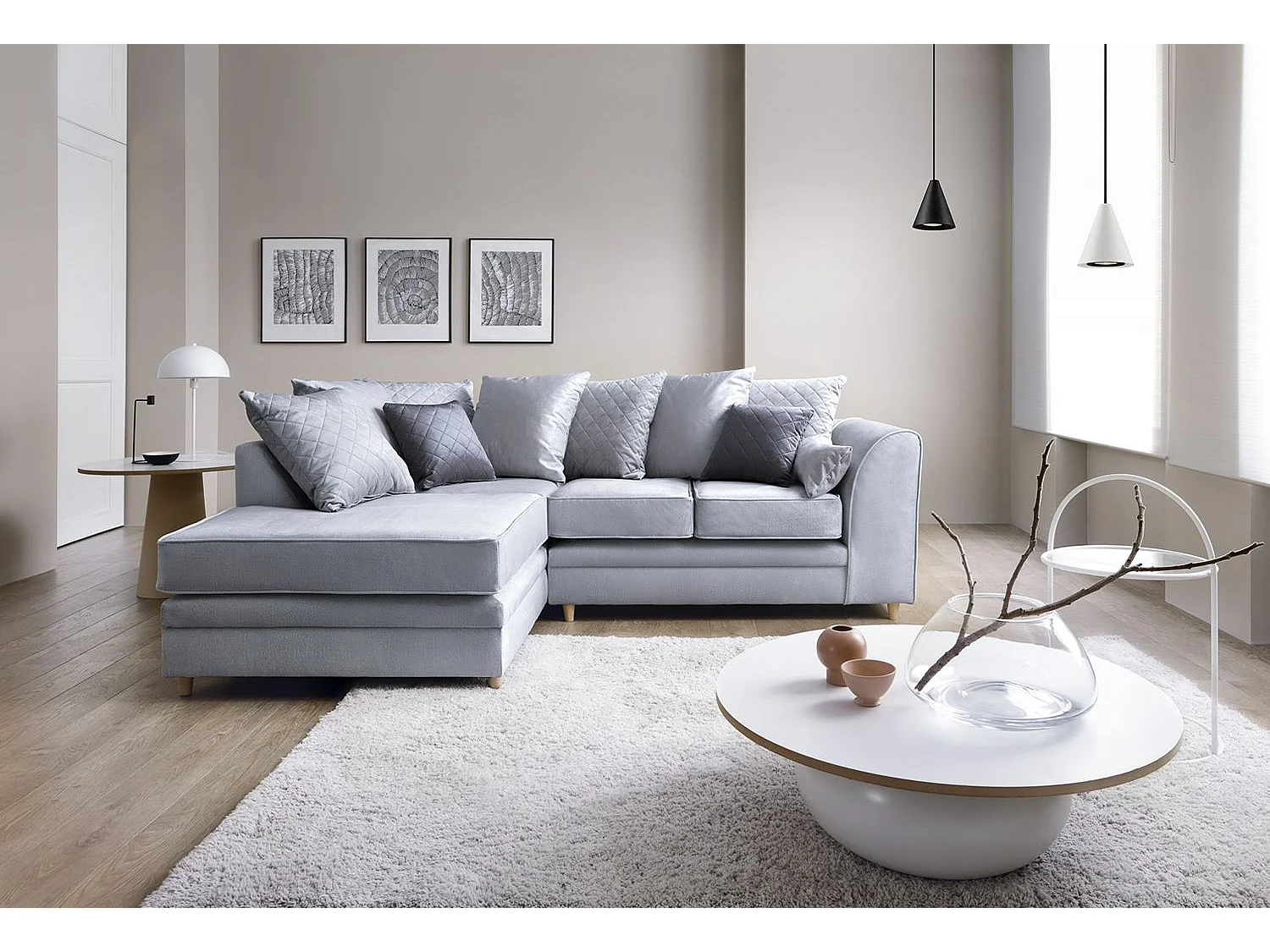 Chicago Velvet Left Facing Corner Sofa in Silver Blue