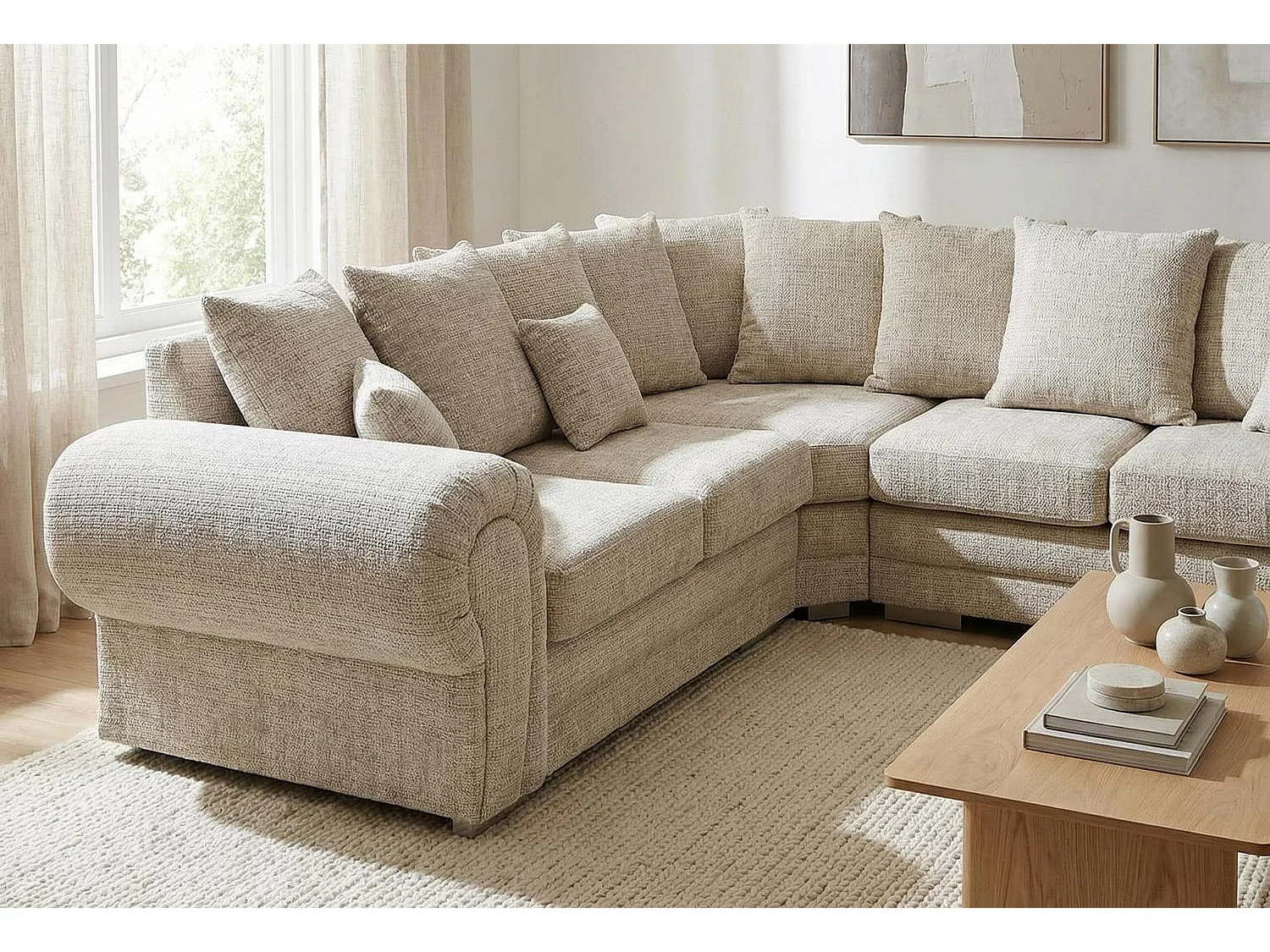 Verona Chenille Corner Sofa with Deep Seats and Angular Arms in Beige