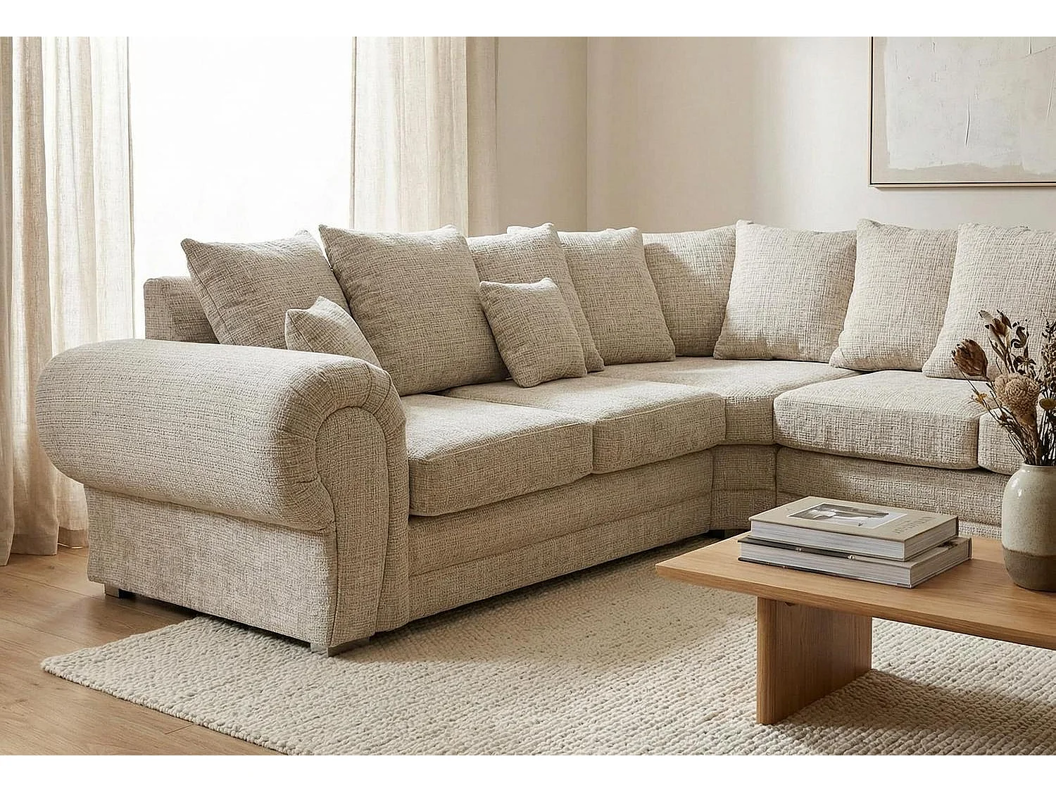 Verona Chenille Corner Sofa with Deep Seats and Angular Arms in Beige