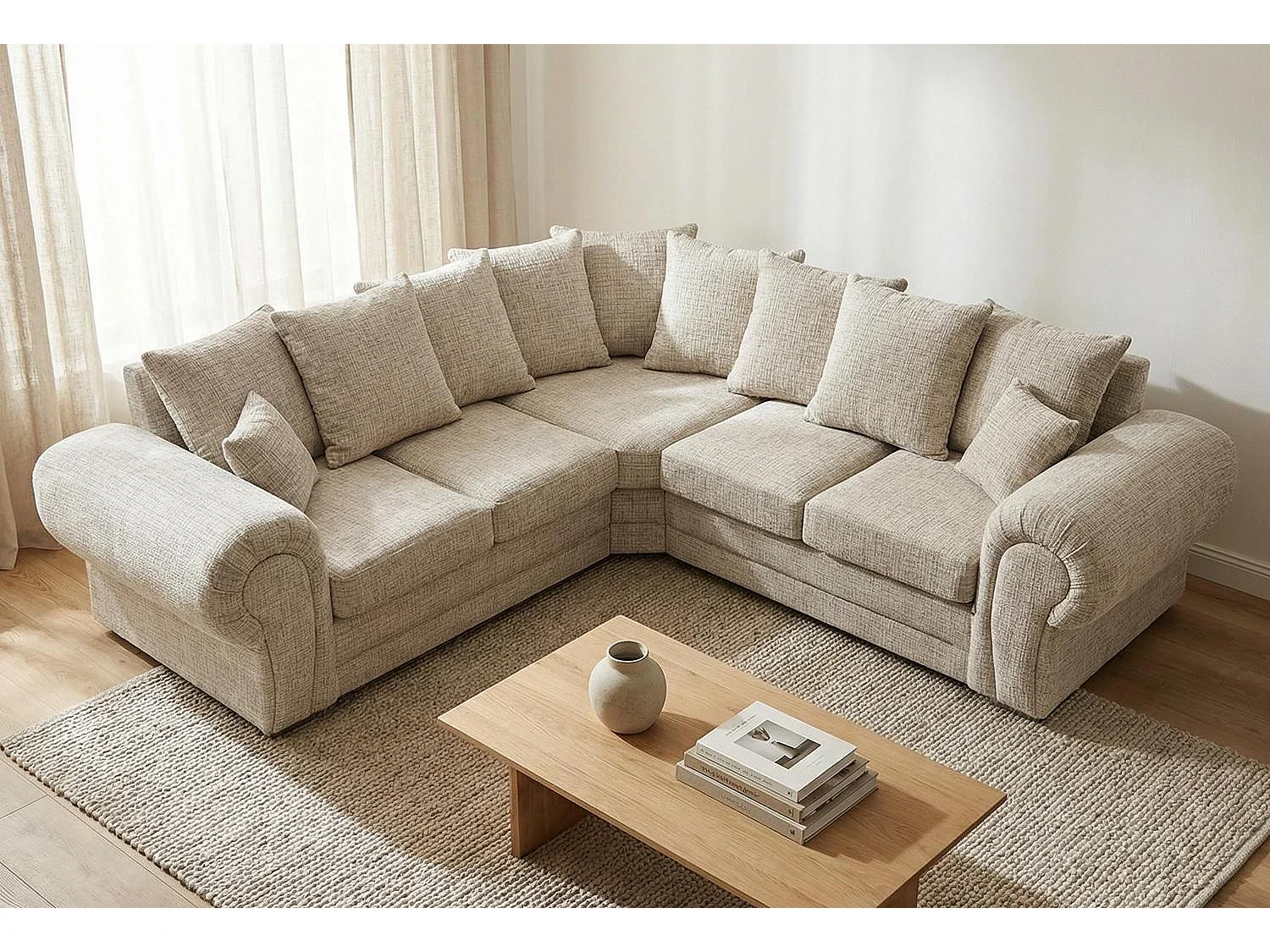 Verona Chenille Corner Sofa with Deep Seats and Angular Arms in Beige