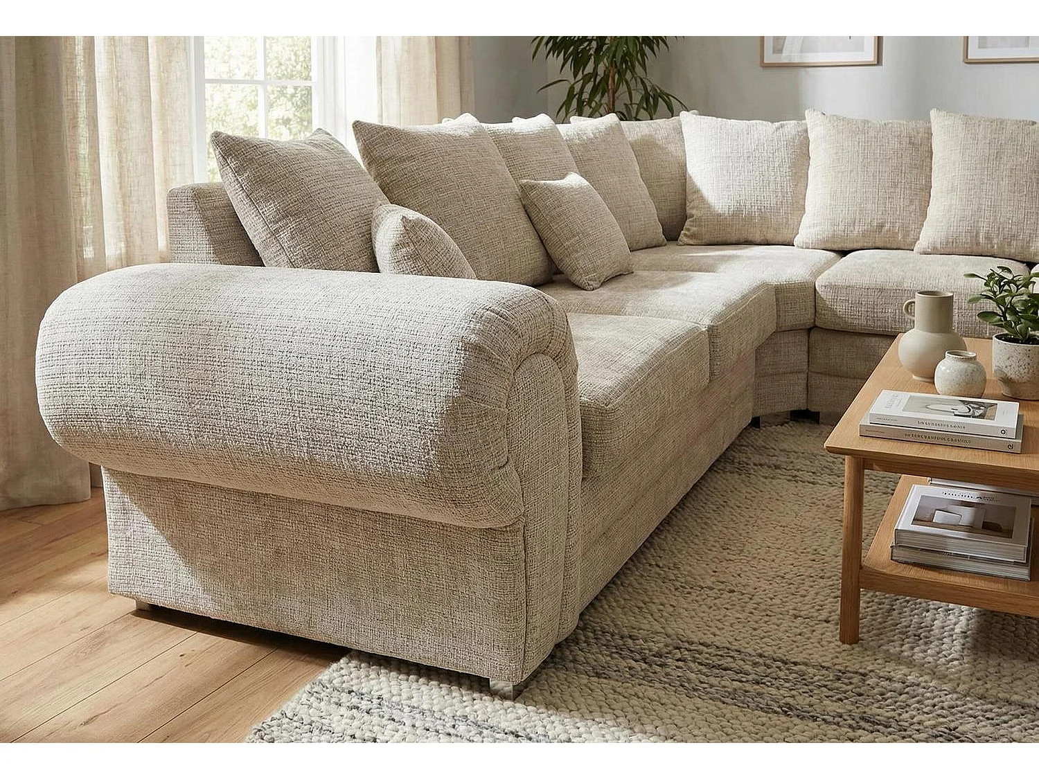 Verona Chenille Corner Sofa with Deep Seats and Angular Arms in Beige