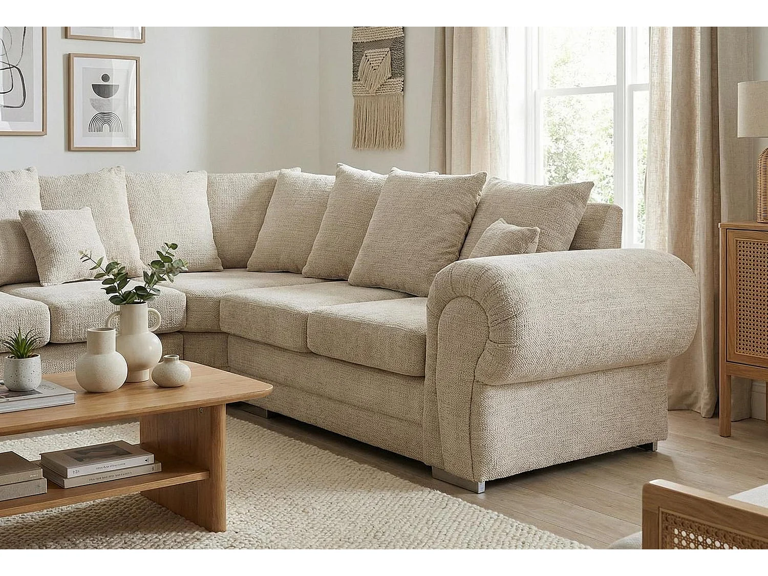 Verona Chenille Corner Sofa with Deep Seats and Angular Arms in Beige