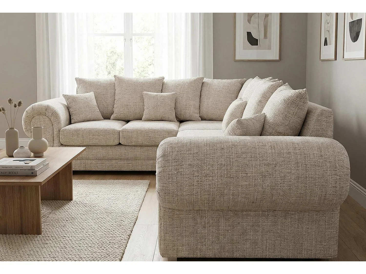 Verona Chenille Corner Sofa with Deep Seats and Angular Arms in Beige
