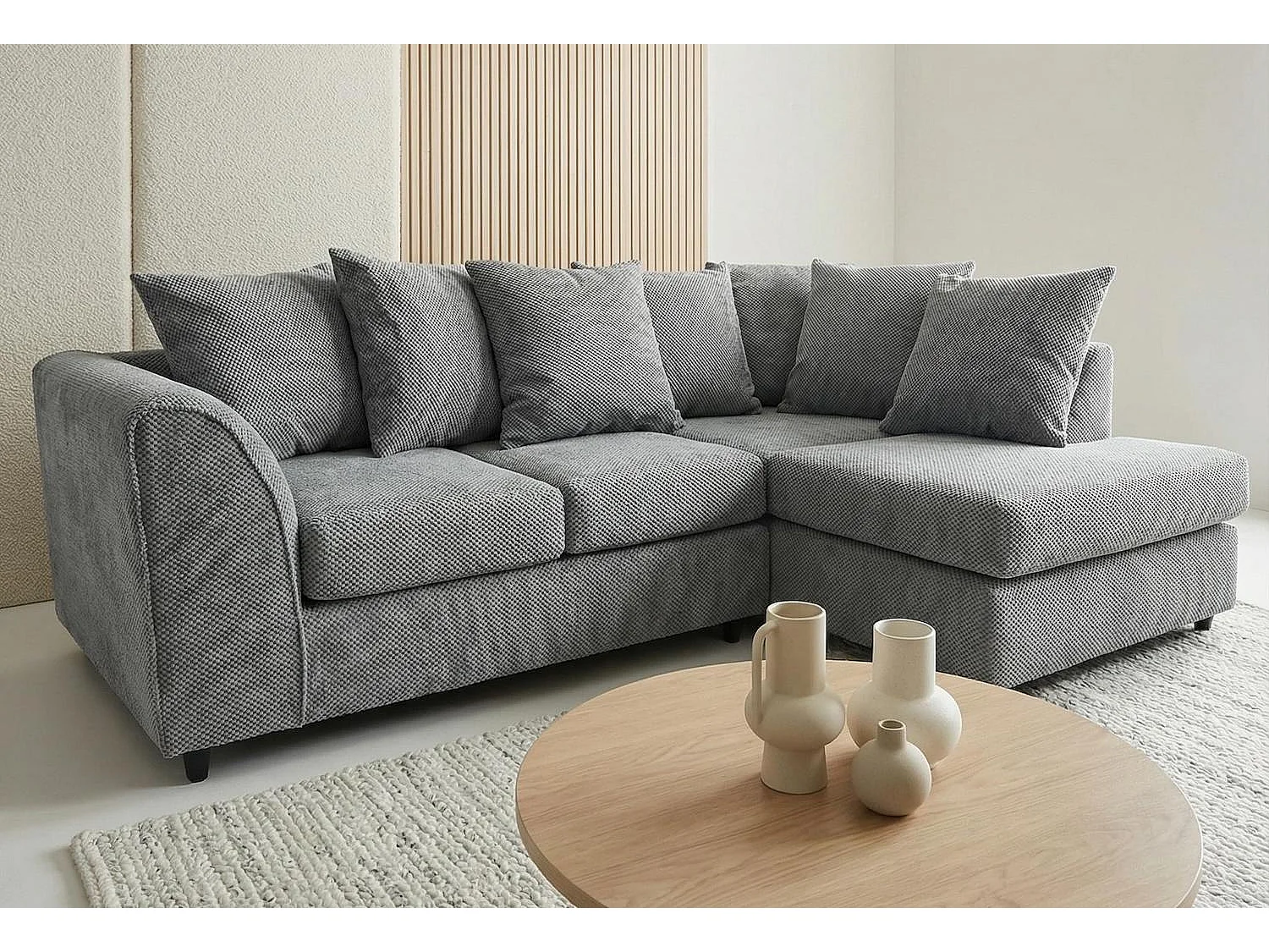 Jumbo Grid-Textured Fabric Corner Sofa with Scatter Cushions Right Facing Light Grey