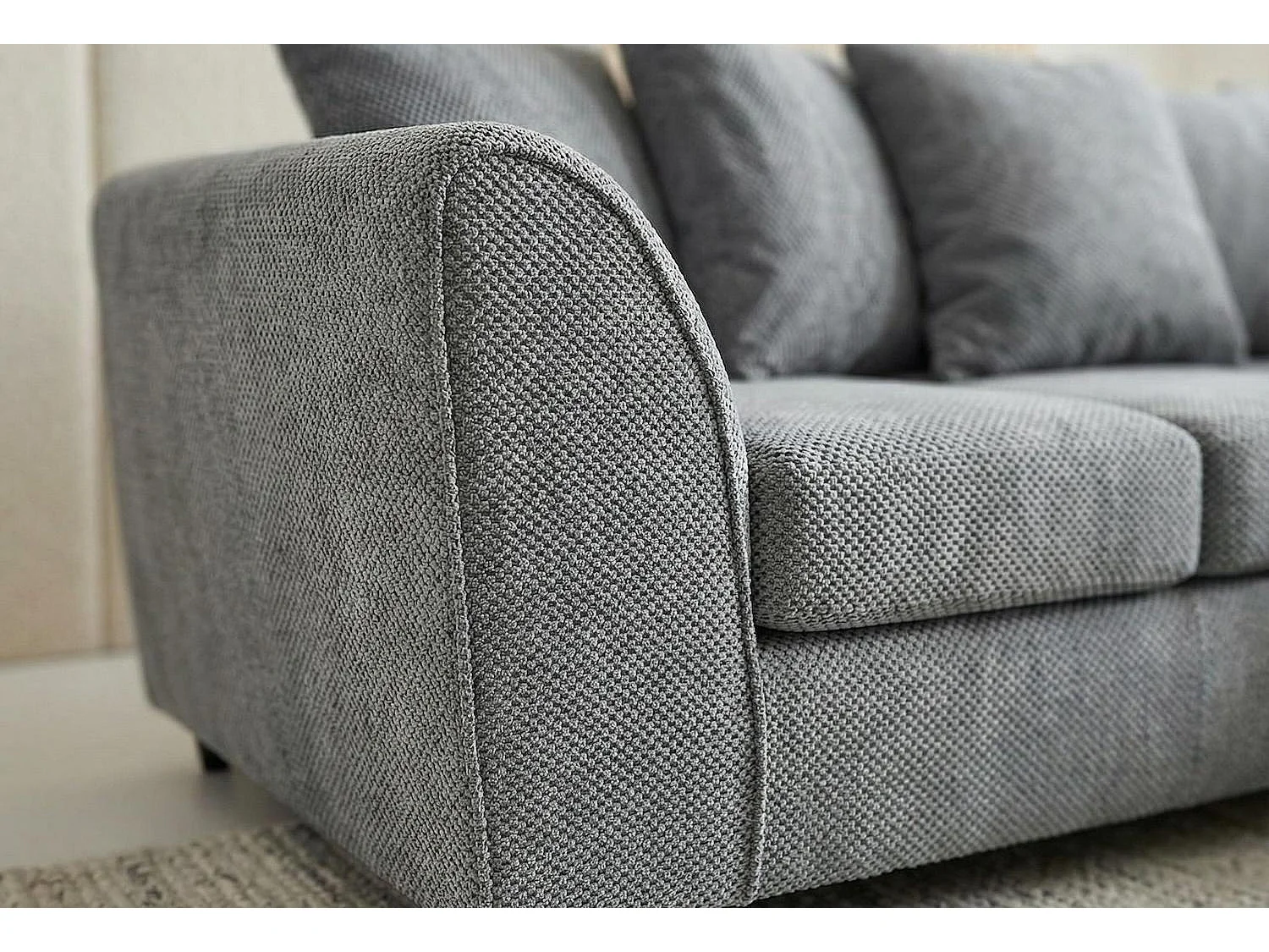 Jumbo Grid-Textured Fabric Corner Sofa with Scatter Cushions Right Facing Light Grey