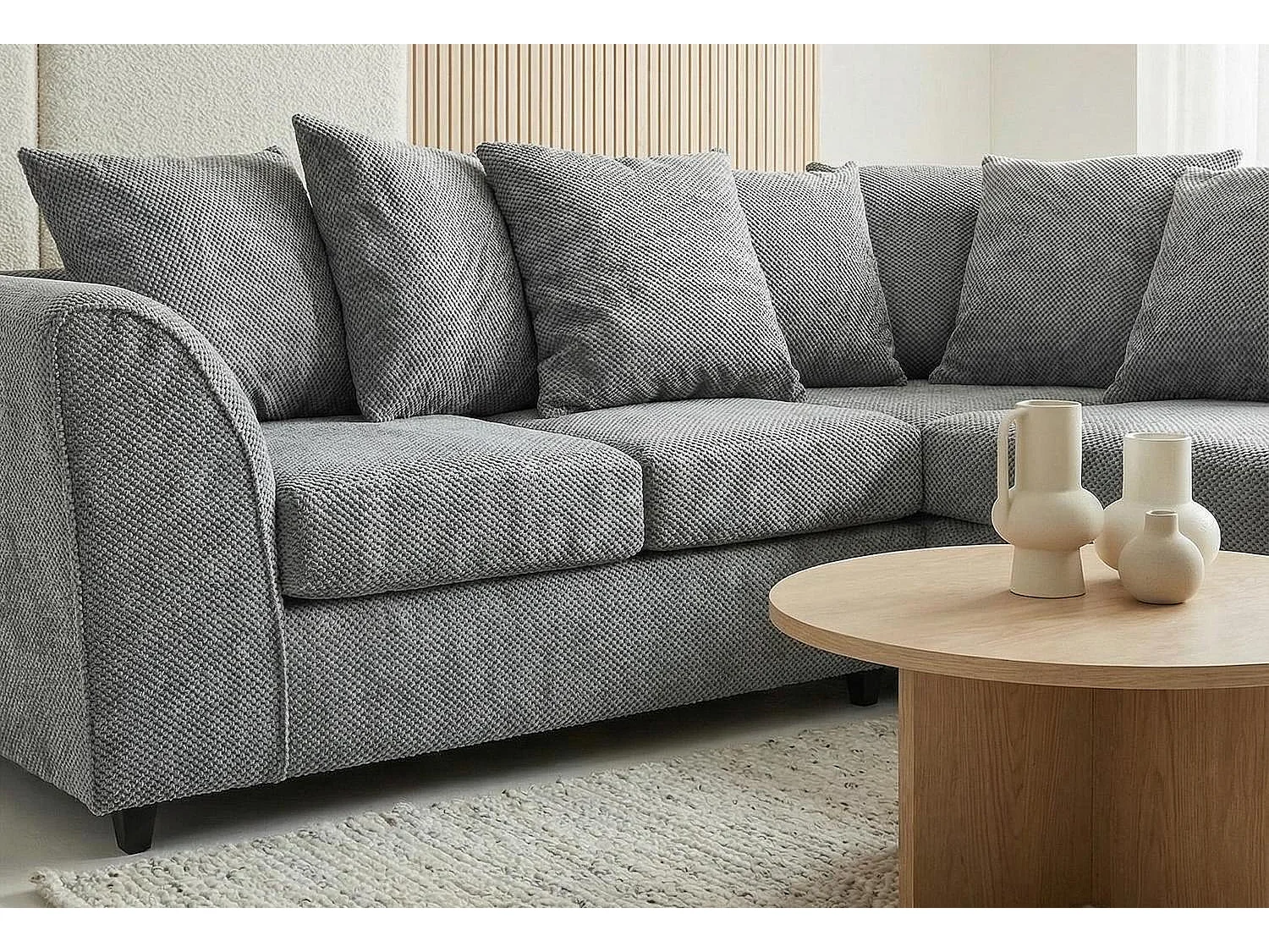 Jumbo Grid-Textured Fabric Corner Sofa with Scatter Cushions Right Facing Light Grey