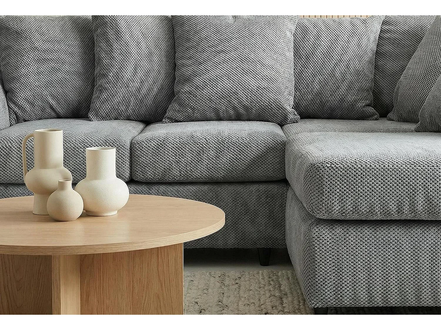 Jumbo Grid-Textured Fabric Corner Sofa with Scatter Cushions Right Facing Light Grey