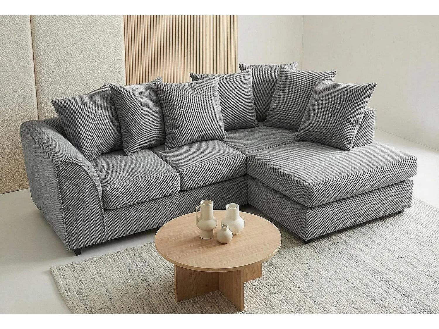 Jumbo Grid-Textured Fabric Corner Sofa with Scatter Cushions Right Facing Light Grey