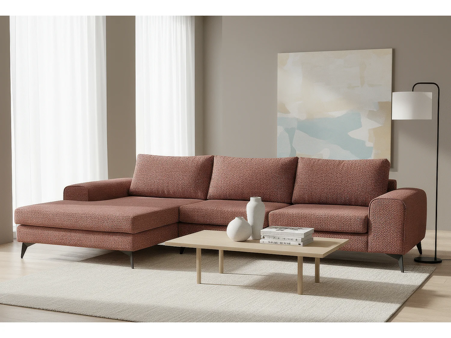 Venice Basket Weave Corner Sofa Left Facing in Burgundy