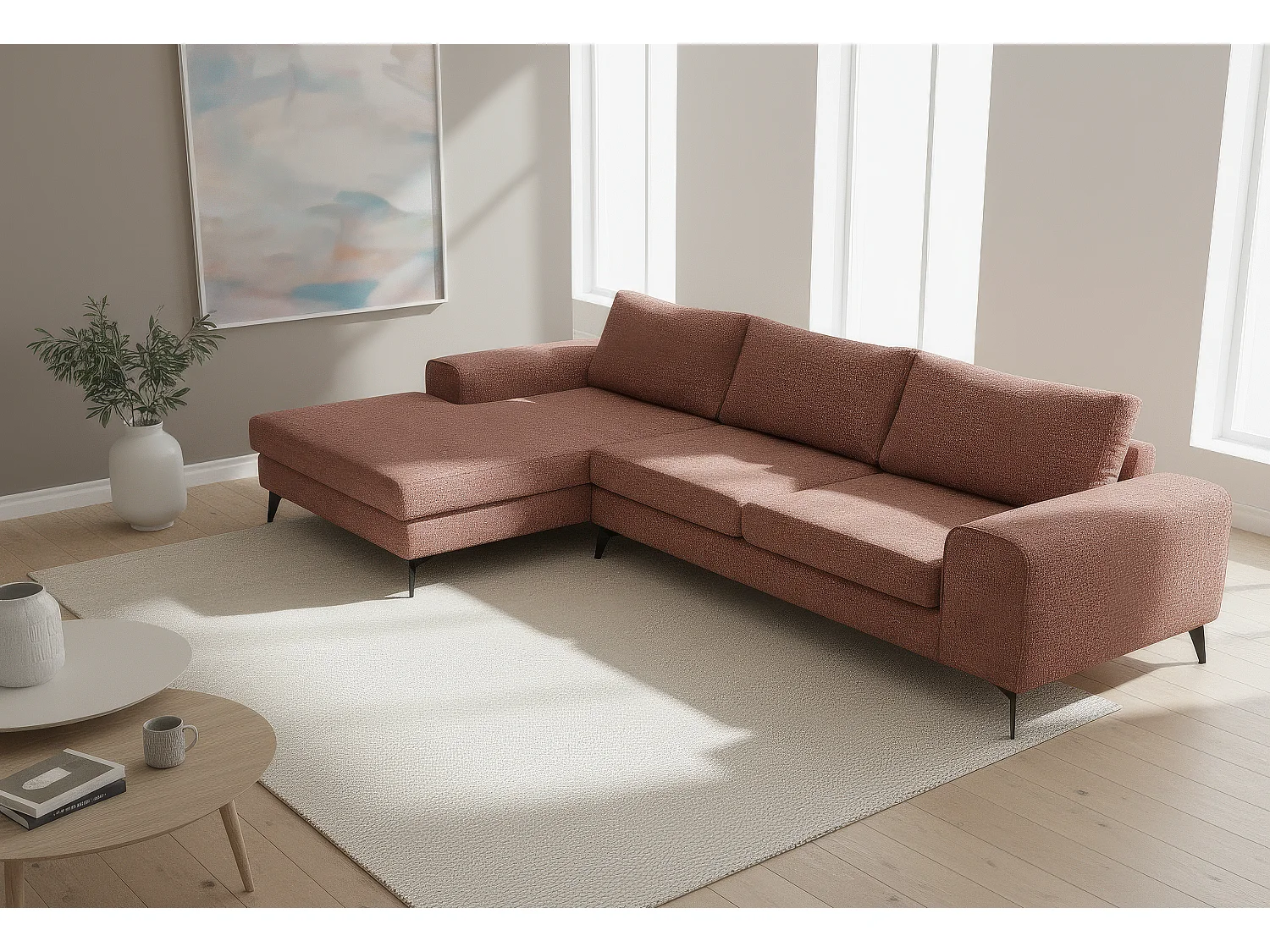 Venice Basket Weave Corner Sofa Left Facing in Burgundy