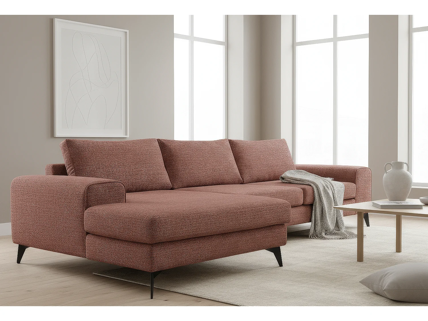 Venice Basket Weave Corner Sofa Left Facing in Burgundy