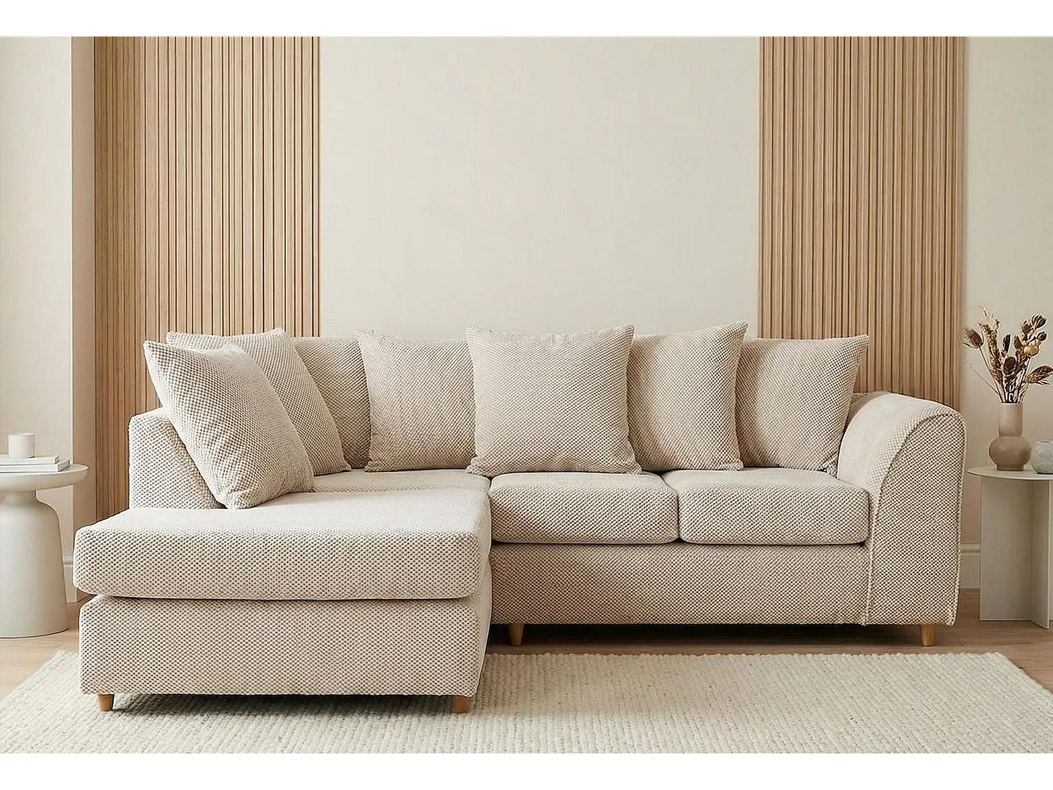 Jumbo Grid-Textured Fabric Corner Sofa with Scatter Cushions Left Facing Beige