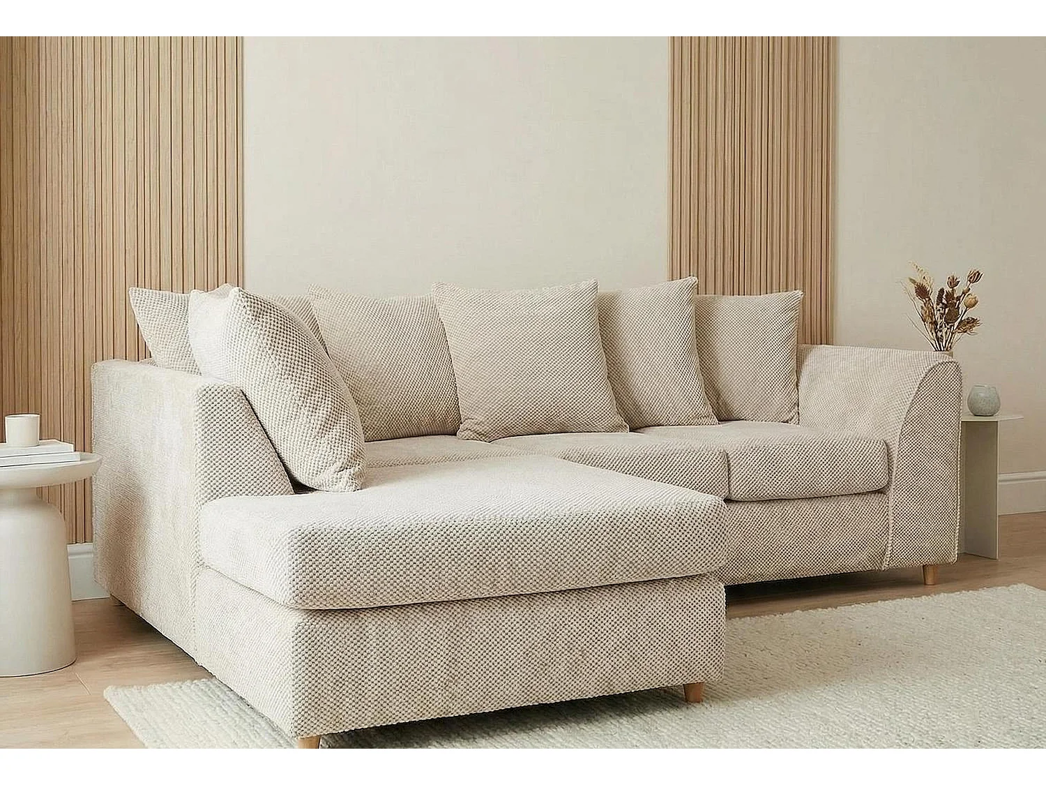Jumbo Grid-Textured Fabric Corner Sofa with Scatter Cushions Left Facing Beige