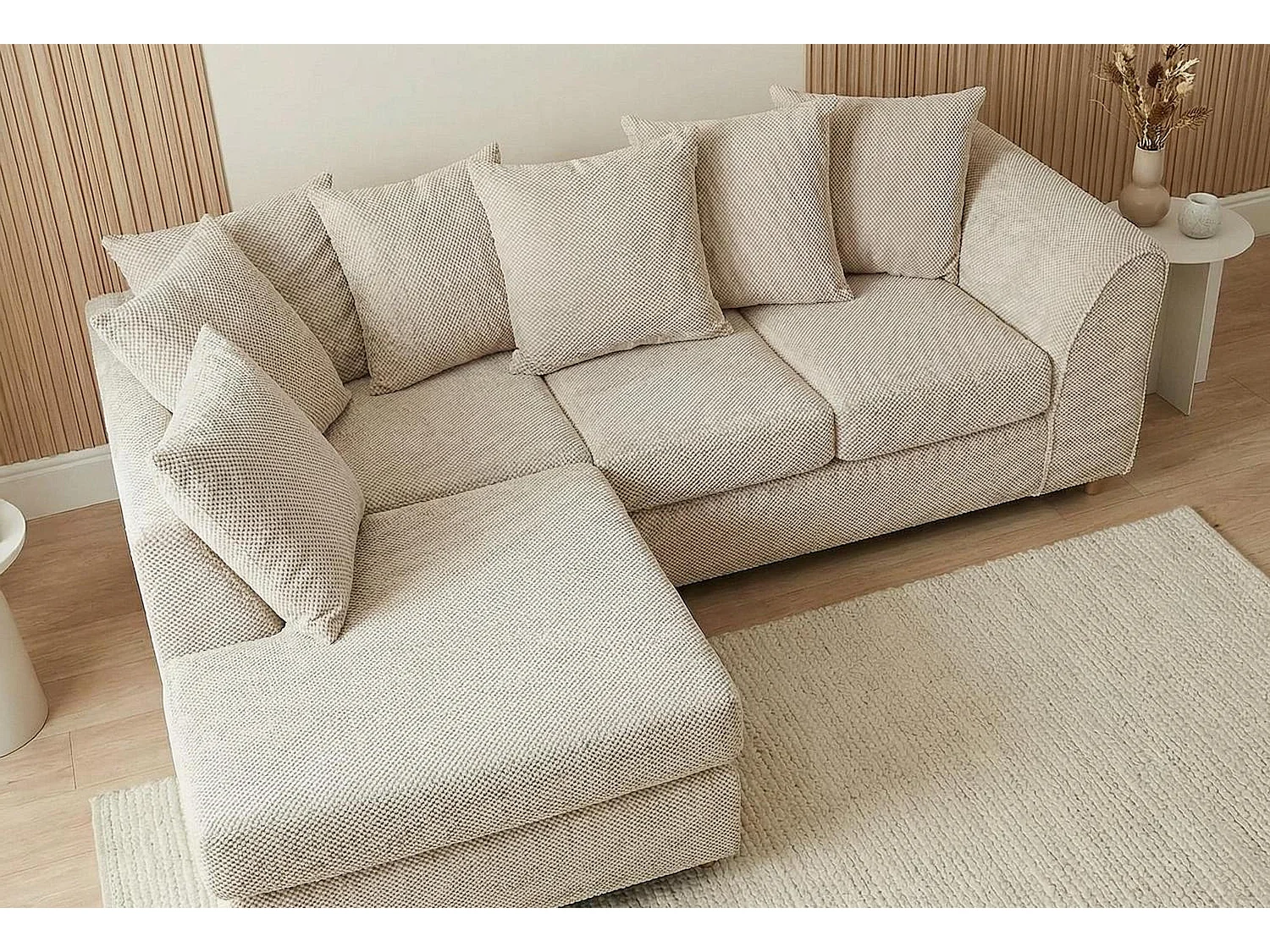 Jumbo Grid-Textured Fabric Corner Sofa with Scatter Cushions Left Facing Beige