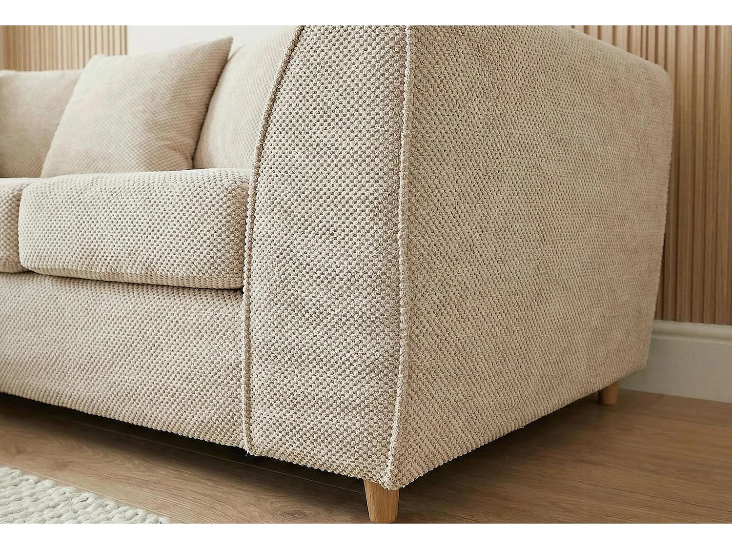 Jumbo Grid-Textured Fabric Corner Sofa with Scatter Cushions Left Facing Beige