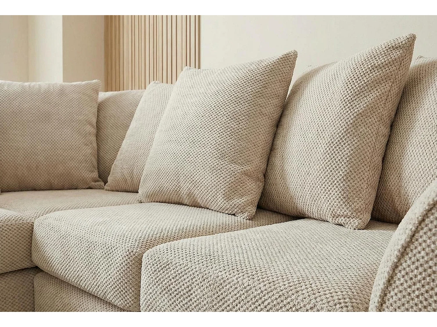 Jumbo Grid-Textured Fabric Corner Sofa with Scatter Cushions Left Facing Beige