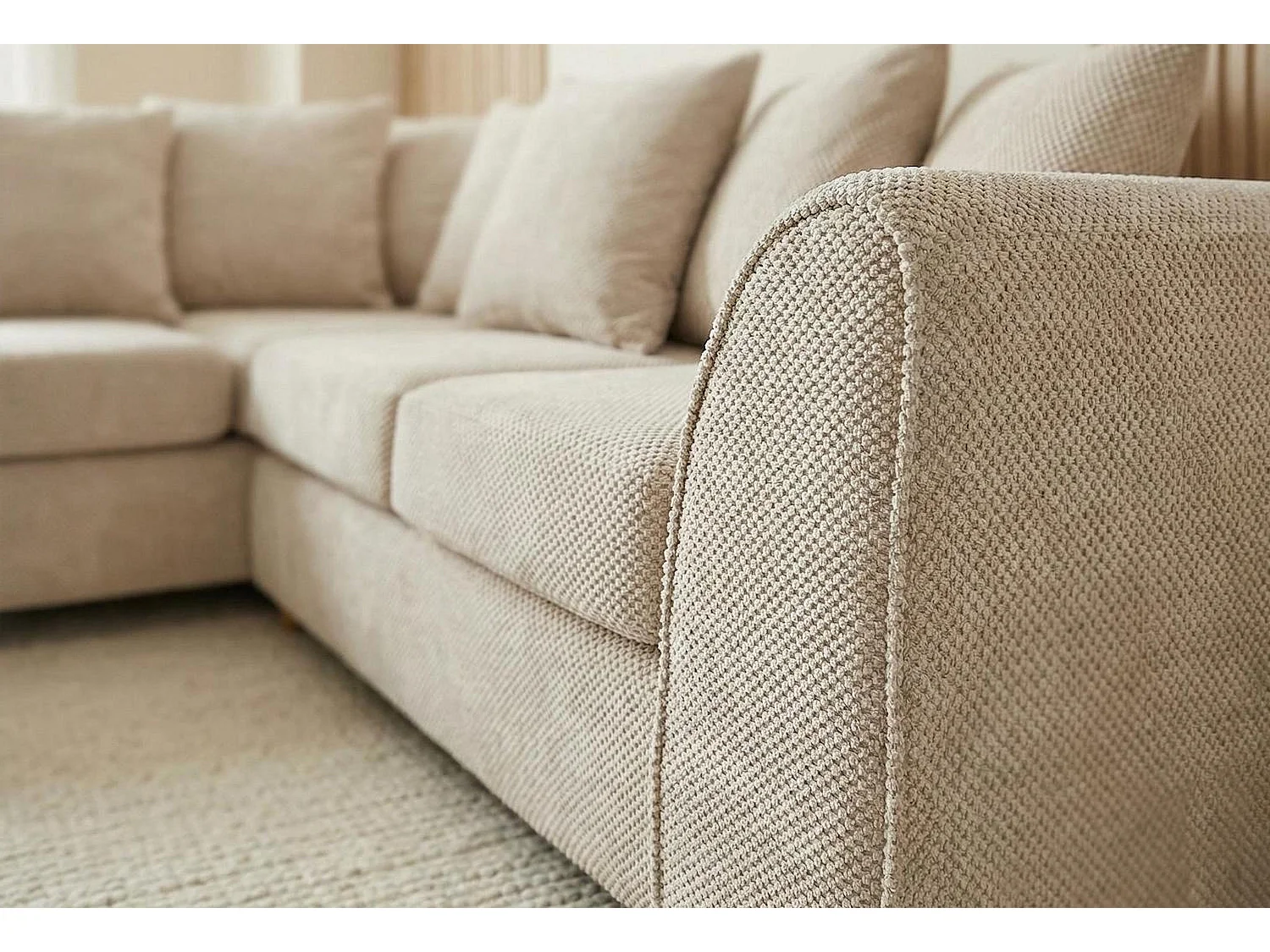 Jumbo Grid-Textured Fabric Corner Sofa with Scatter Cushions Left Facing Beige