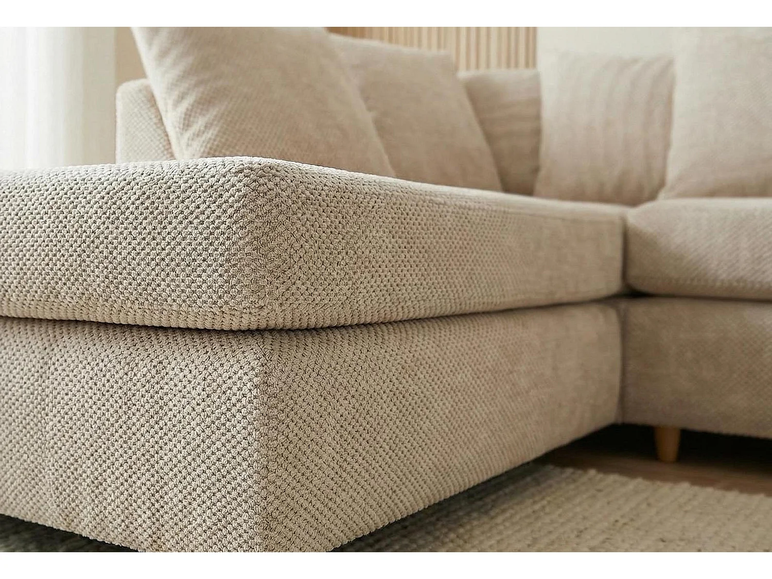 Jumbo Grid-Textured Fabric Corner Sofa with Scatter Cushions Left Facing Beige