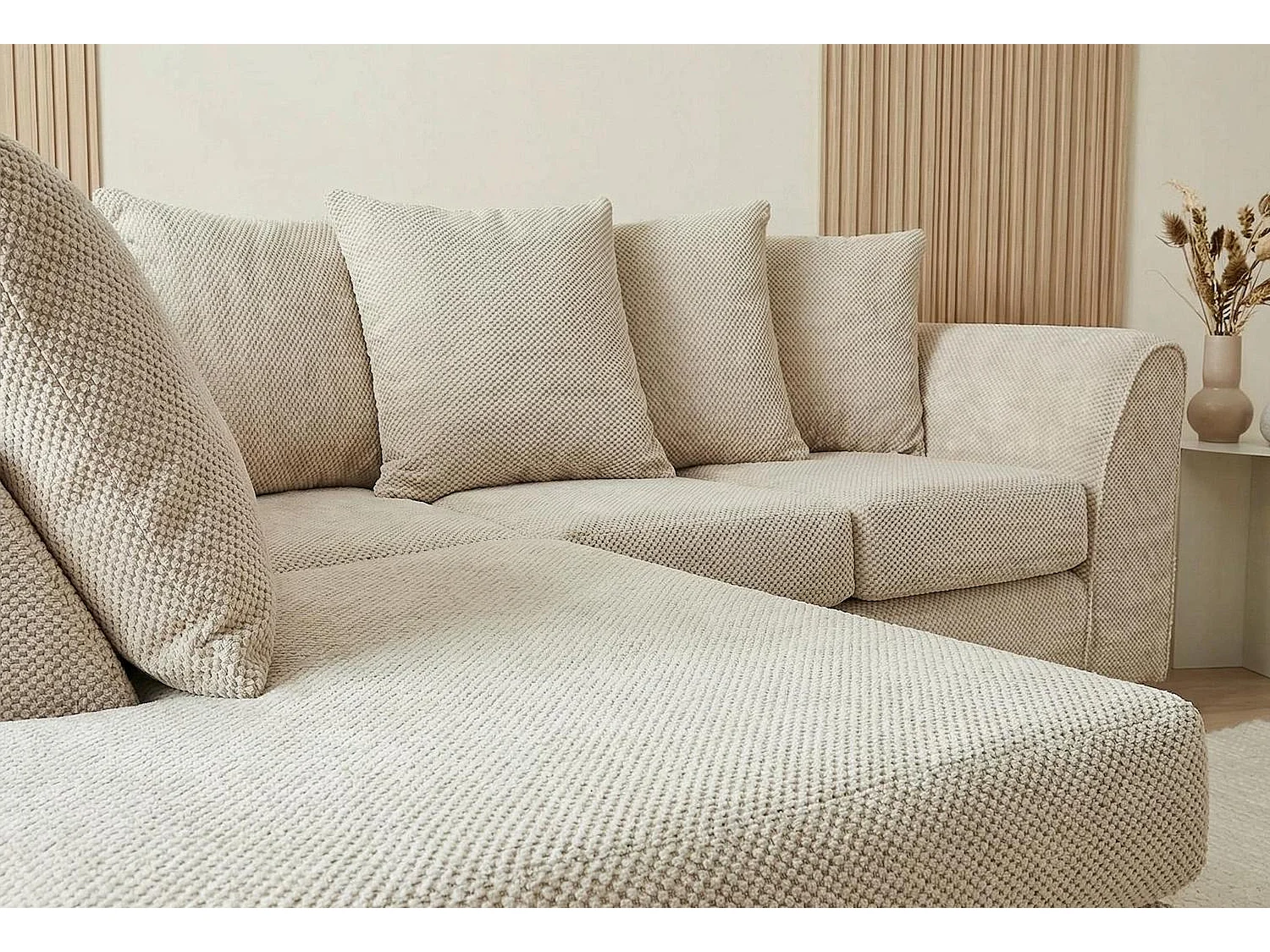 Jumbo Grid-Textured Fabric Corner Sofa with Scatter Cushions Left Facing Beige