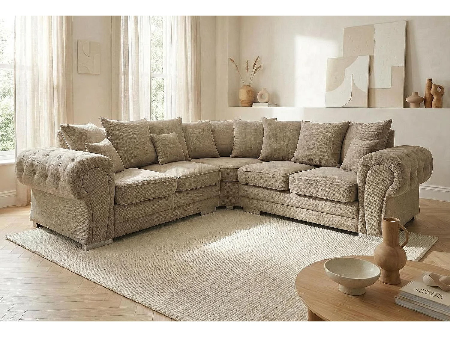 Verona Corner Sofa in Beige Linen Fabric