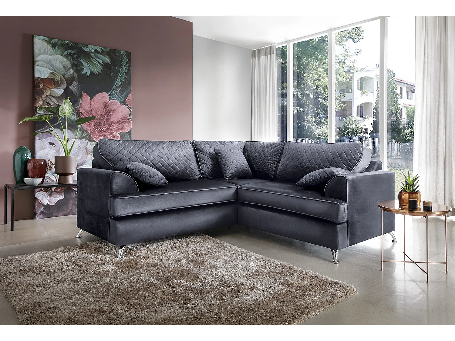 Ferguson Fabric Corner Sofa in Dark Grey Velvet
