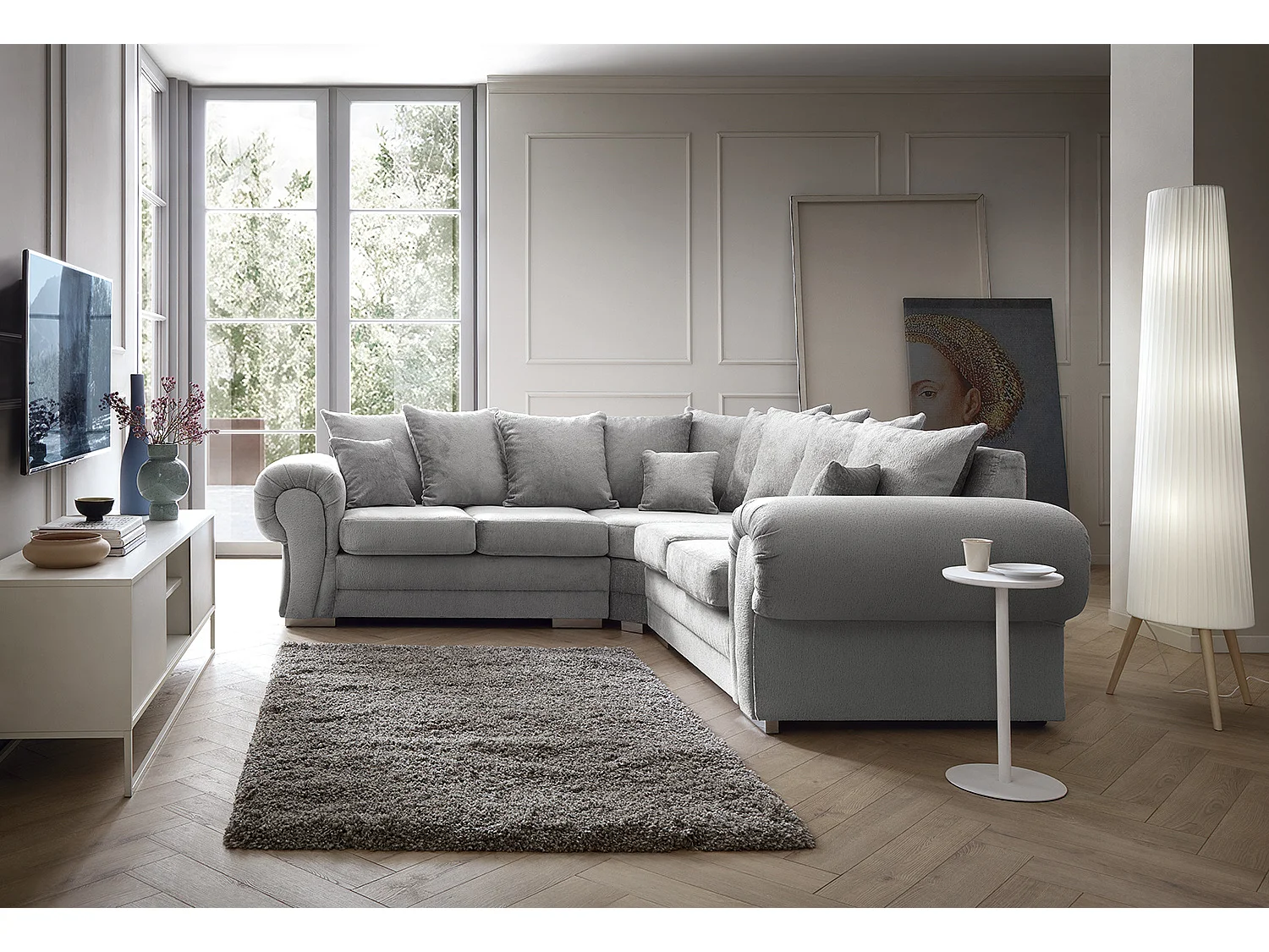 Verona Corner Sofa in Light Grey Crushed Chenille