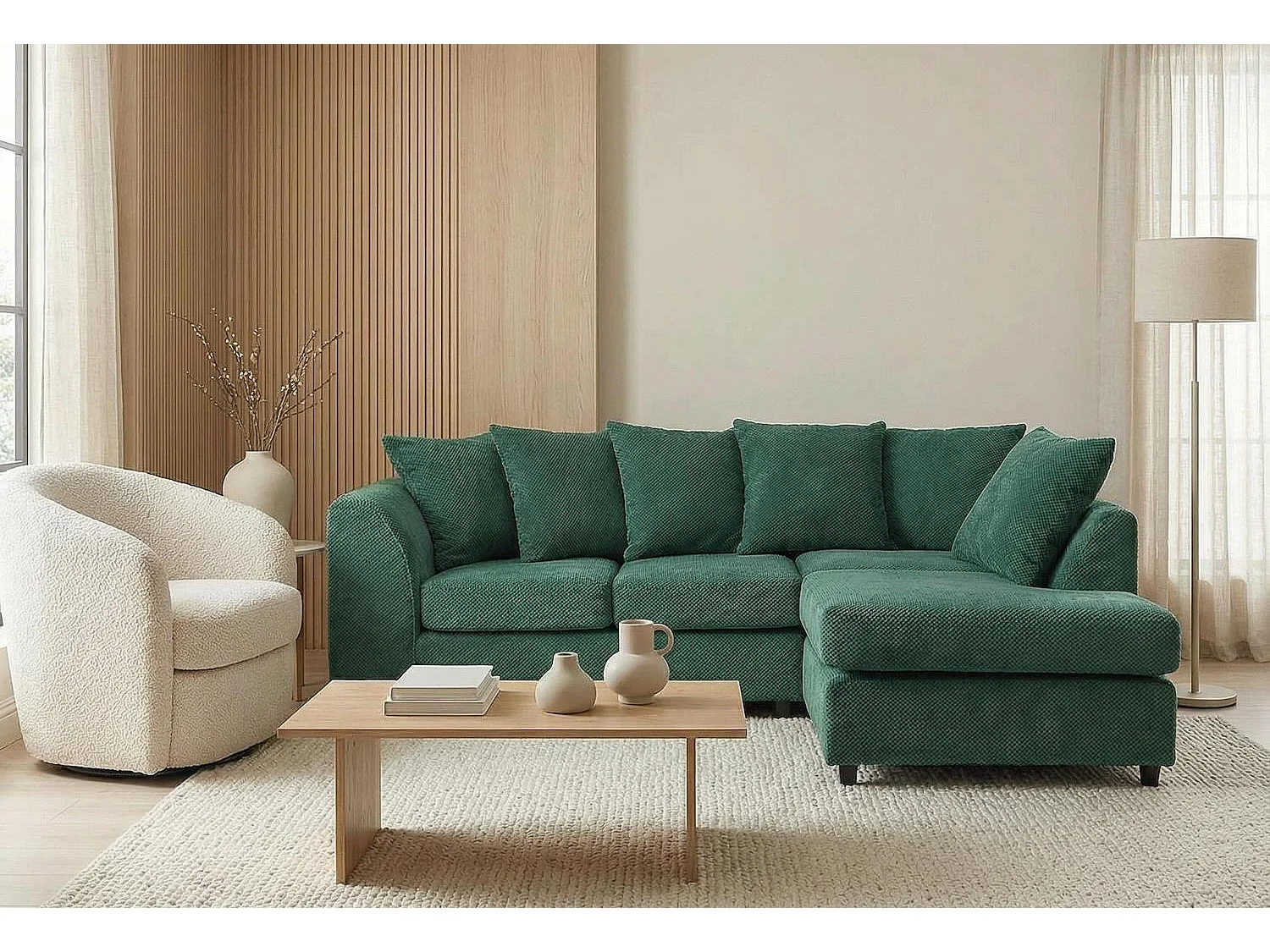 Jumbo Grid-Textured Fabric Corner Sofa with Scatter Cushions Right Facing Forest Green